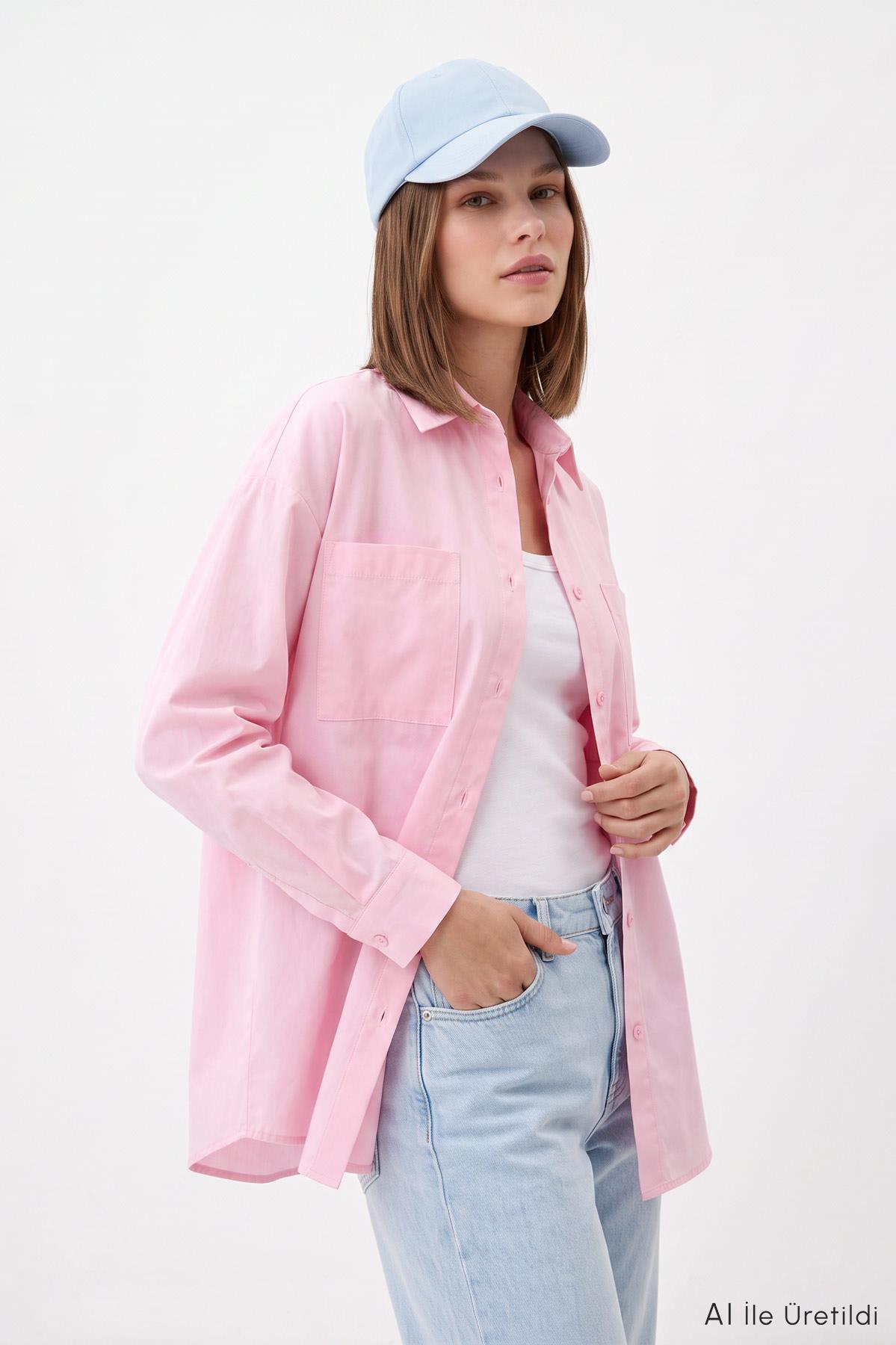 Pembe Cepli Oversize Uzun Basic Gömlek TCR 6256A - 1