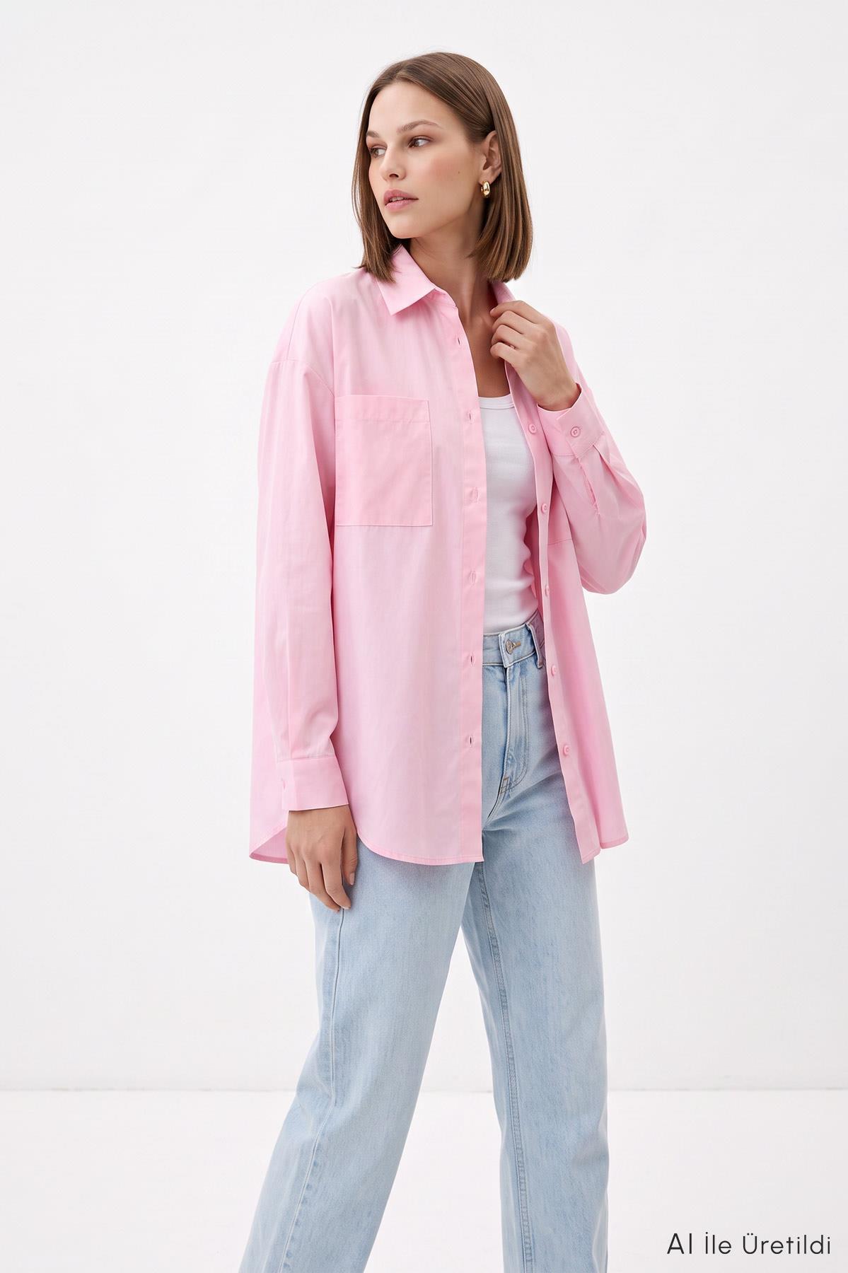 Pembe Cepli Oversize Uzun Basic Gömlek TCR 6256A - RAYS