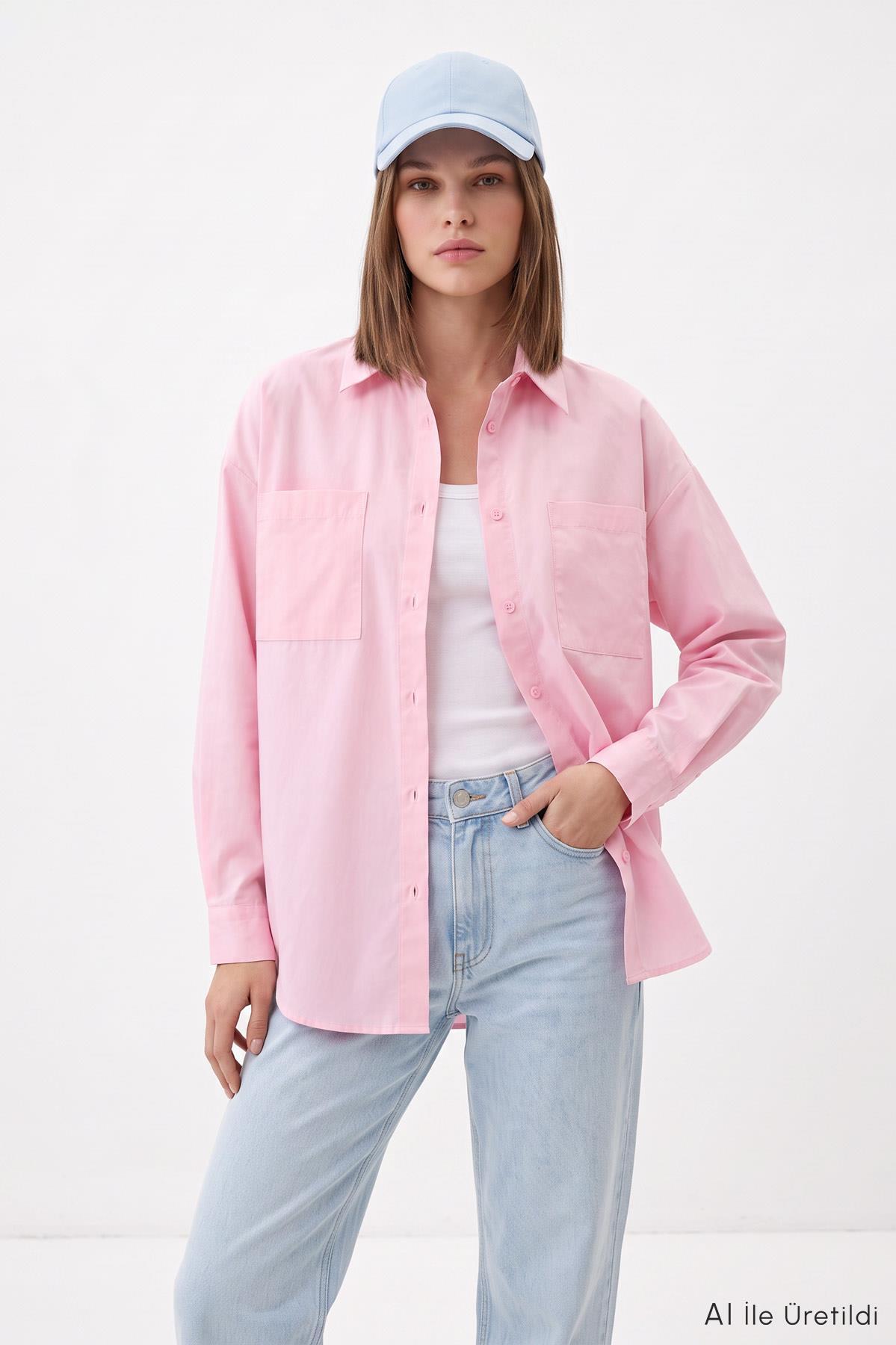 Pembe Cepli Oversize Uzun Basic Gömlek TCR 6256A - RAYS