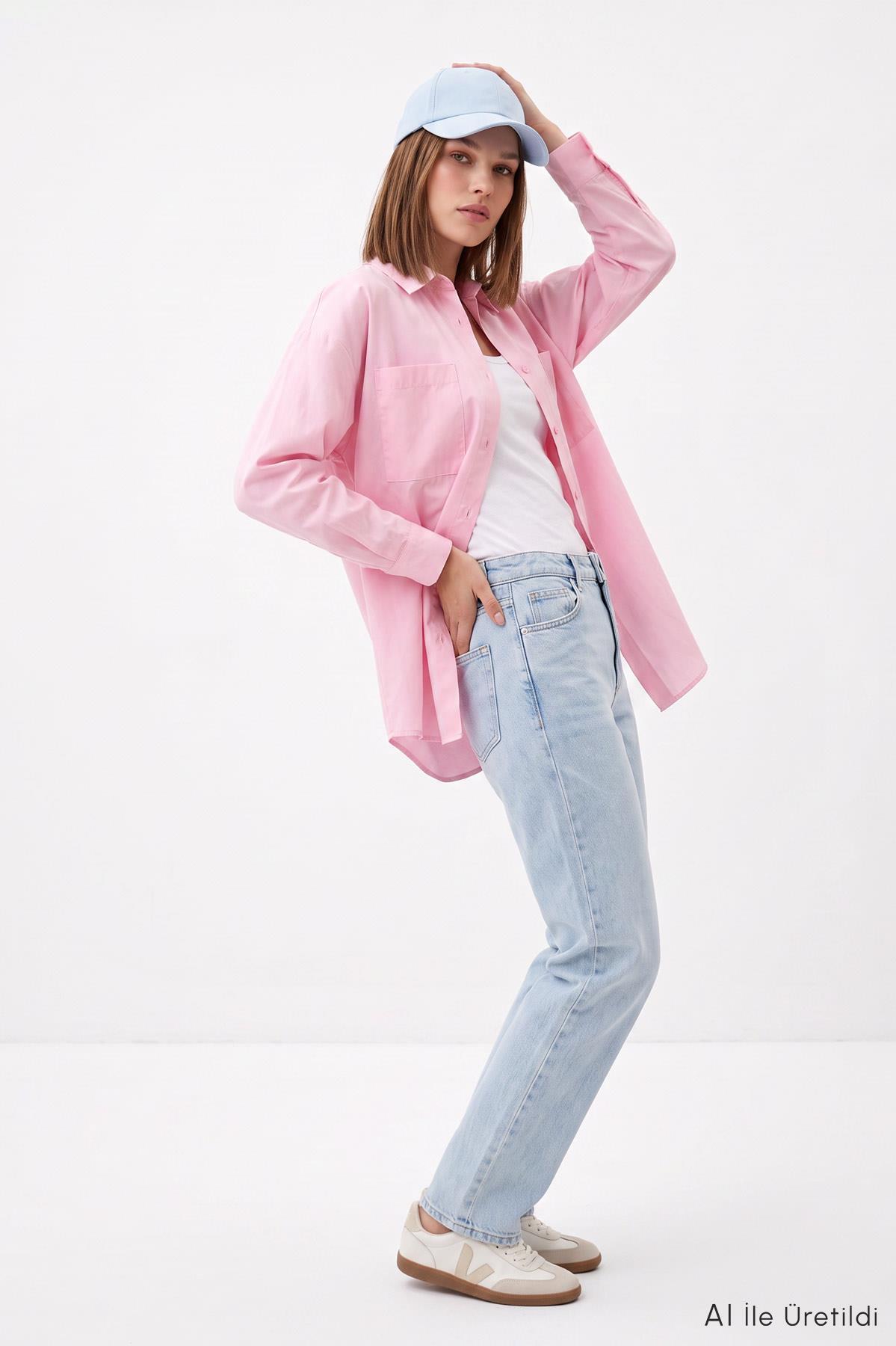 Pembe Cepli Oversize Uzun Basic Gömlek TCR 6256A - 5