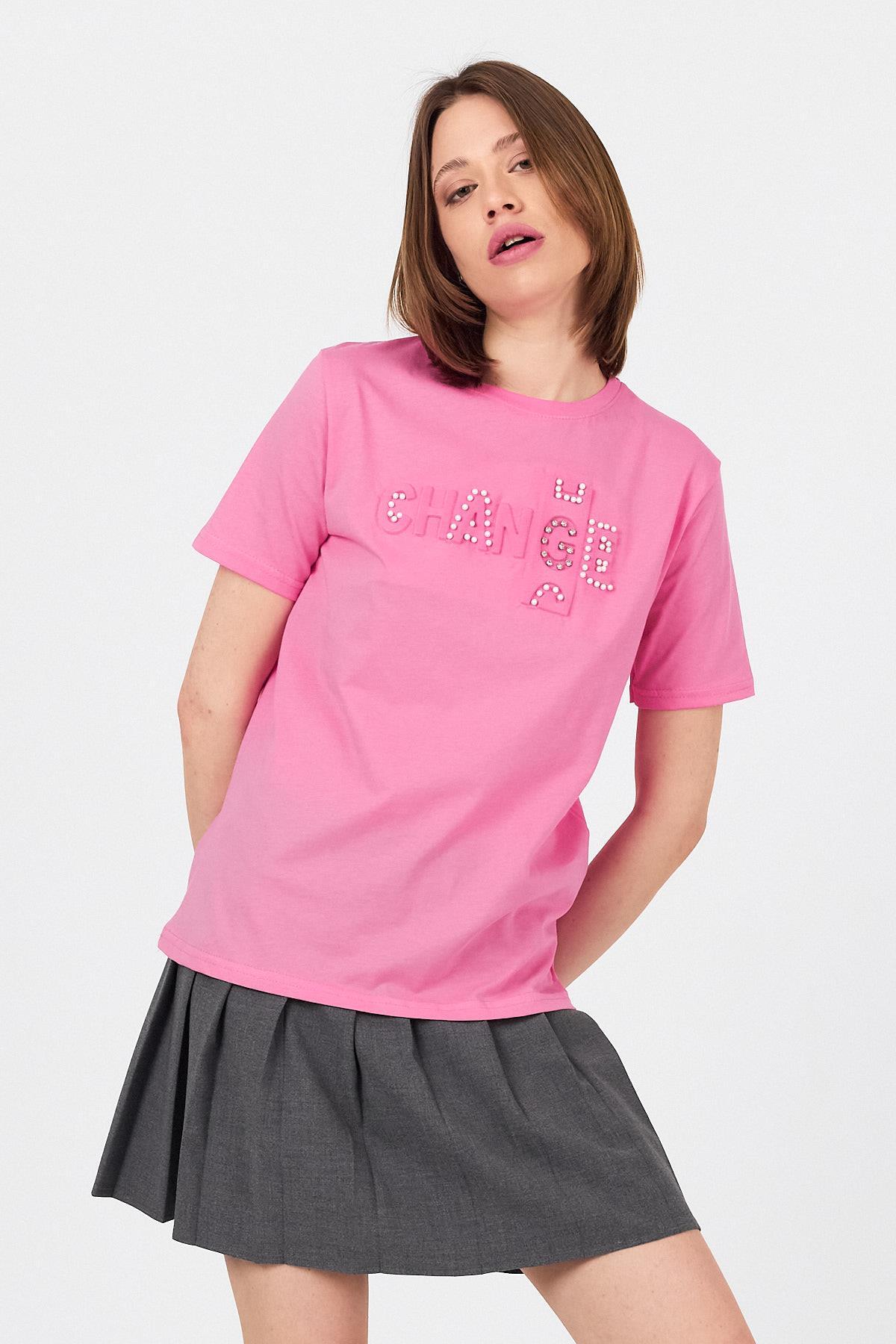 Pembe Change Yazı Kabartmalı Tişört 25227 - 1