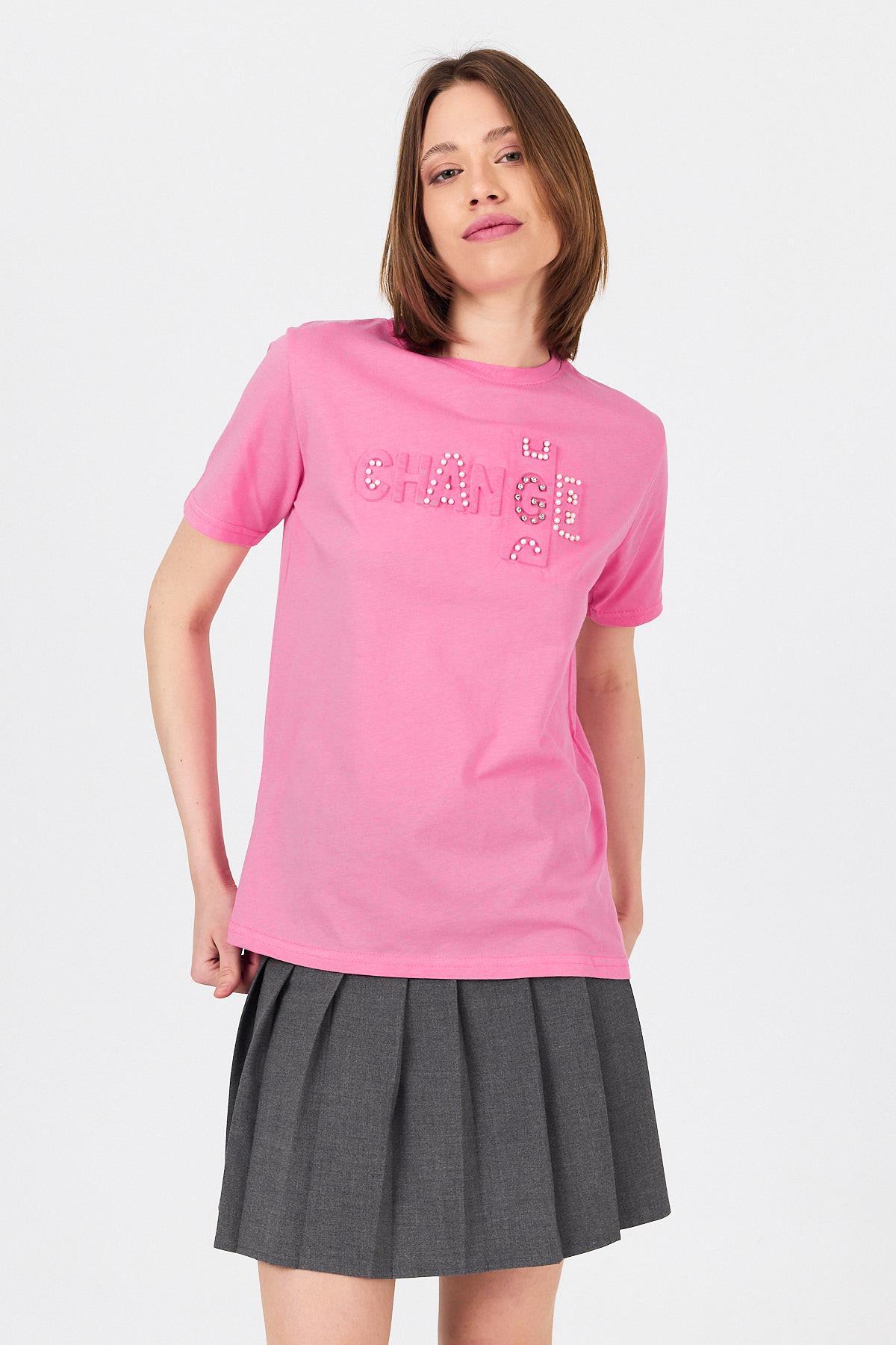 Pembe Change Yazı Kabartmalı Tişört 25227 - 8