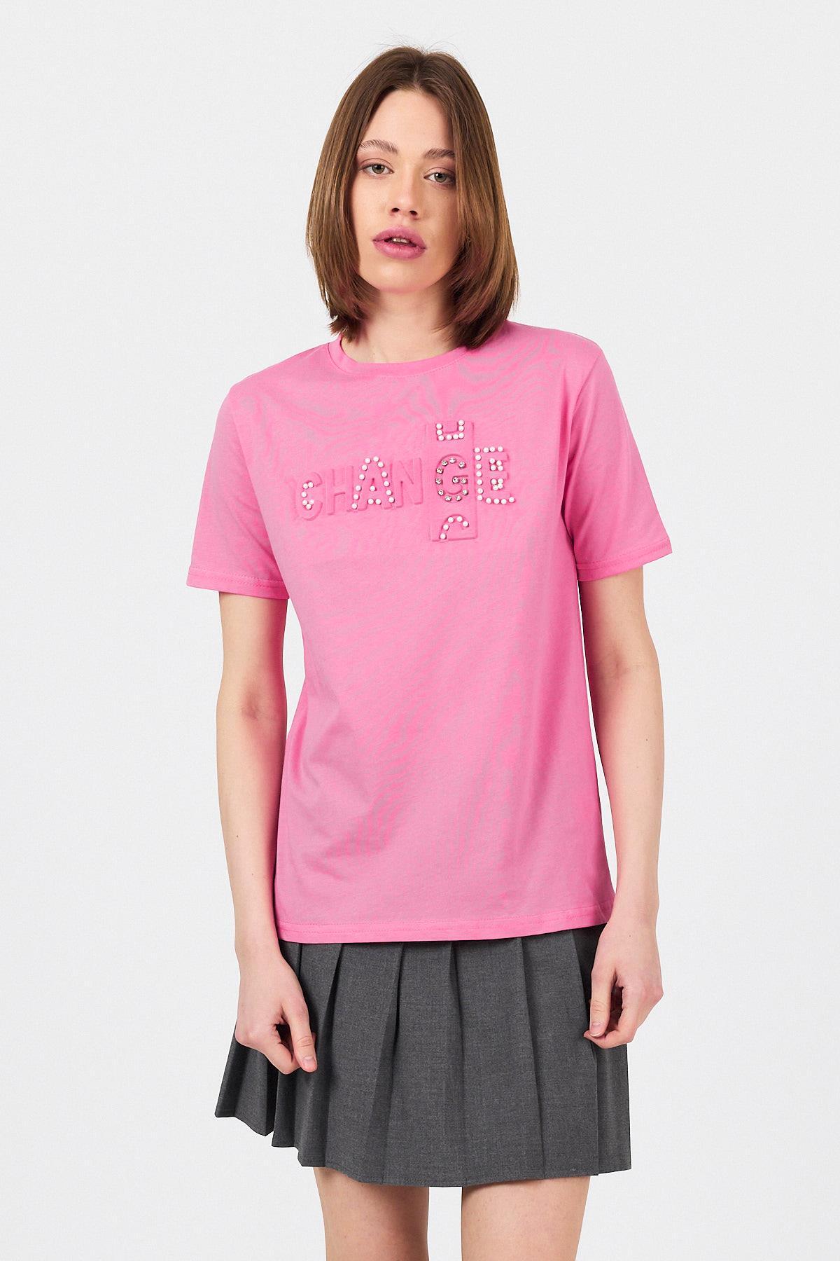Pembe Change Yazı Kabartmalı Tişört 25227 - 2