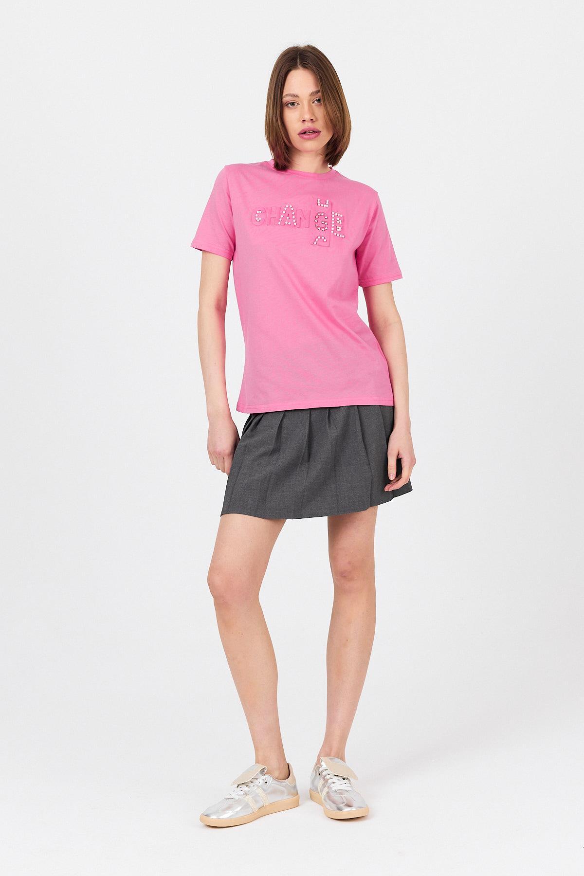 Pembe Change Yazı Kabartmalı Tişört 25227 - 3