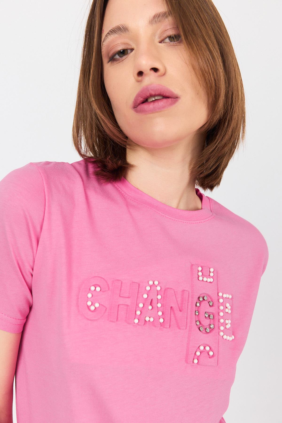 Pembe Change Yazı Kabartmalı Tişört 25227 - 4