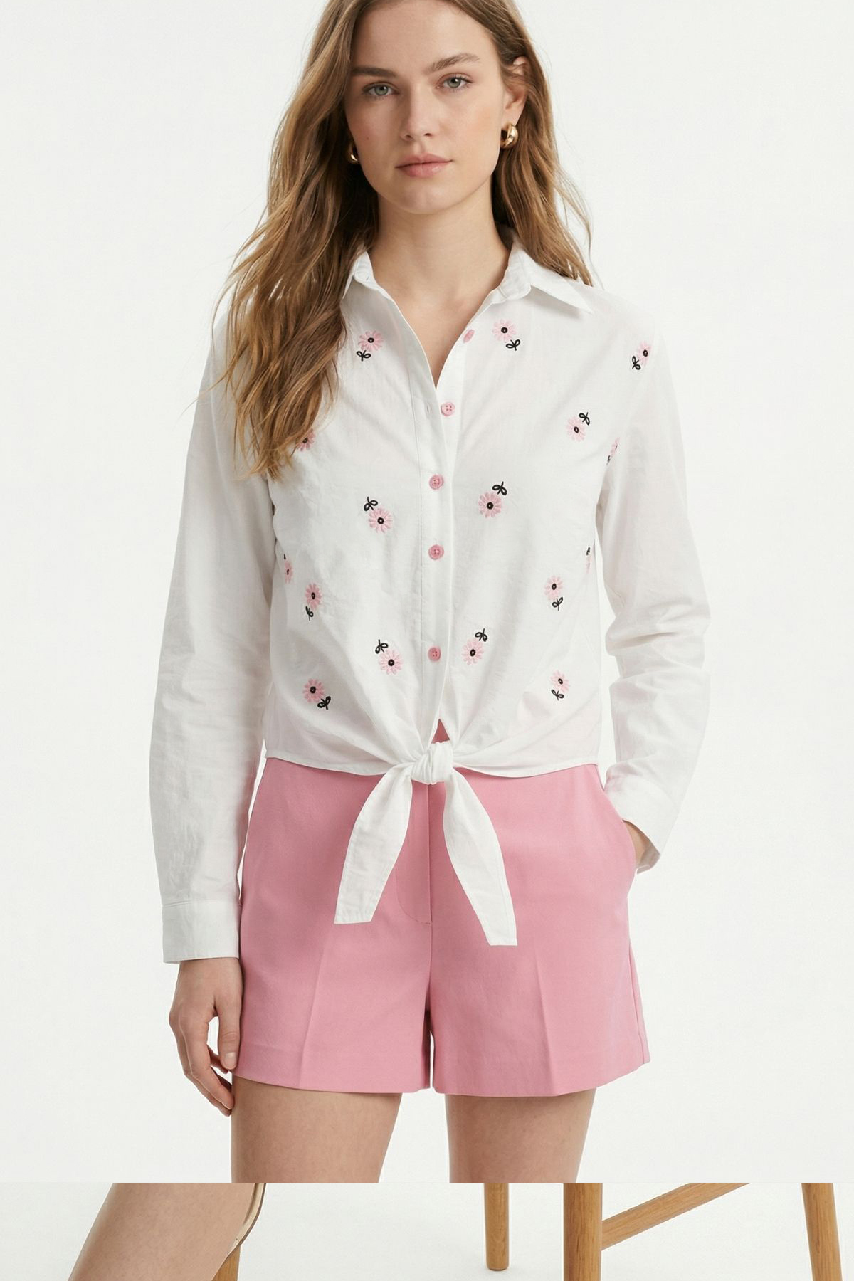 Pembe Çiçekli Bel Bağlamalı Gömlek 8399 - RAYS (1)