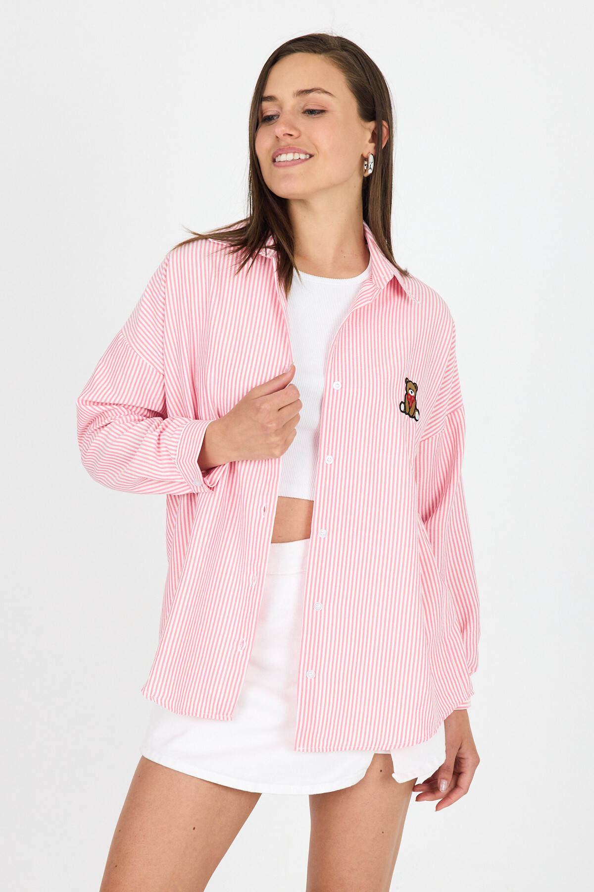 Pembe Çizgili Ayıcık Nakışlı Pamuklu Oversize Gömlek 4689A 