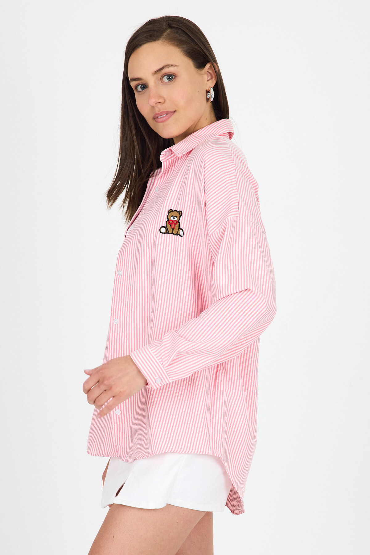 Pembe Çizgili Ayıcık Nakışlı Pamuklu Oversize Gömlek 4689A - 2
