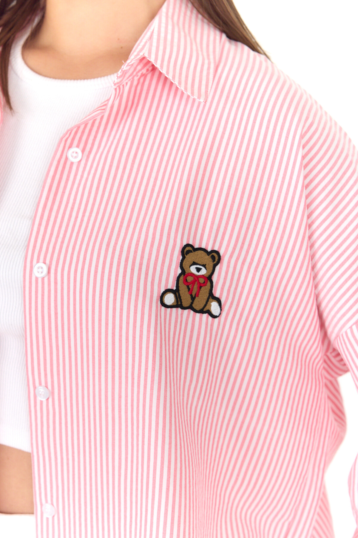 Pembe Çizgili Ayıcık Nakışlı Pamuklu Oversize Gömlek 4689A - 4