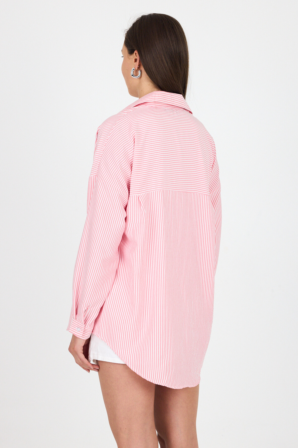 Pembe Çizgili Ayıcık Nakışlı Pamuklu Oversize Gömlek 4689A - 5