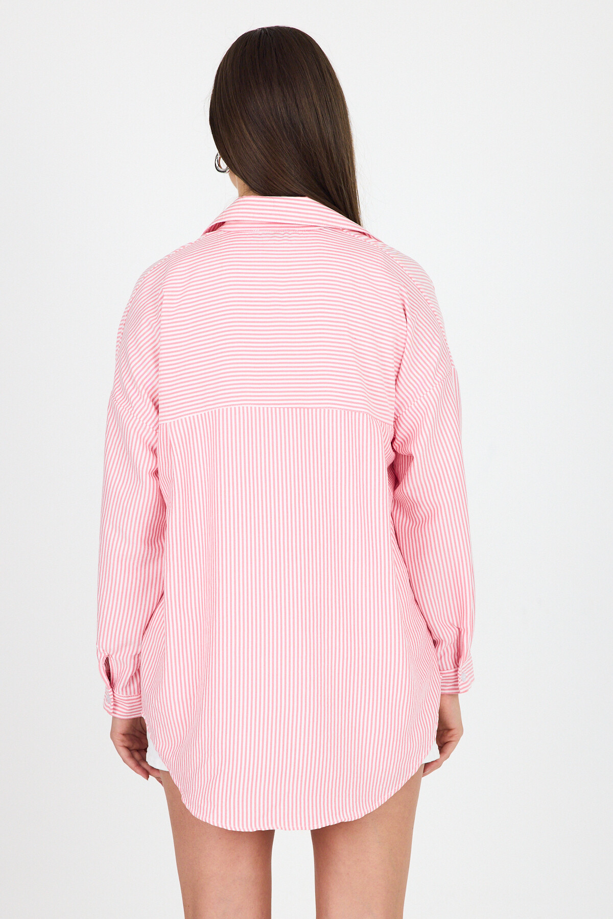 Pembe Çizgili Ayıcık Nakışlı Pamuklu Oversize Gömlek 4689A - 8