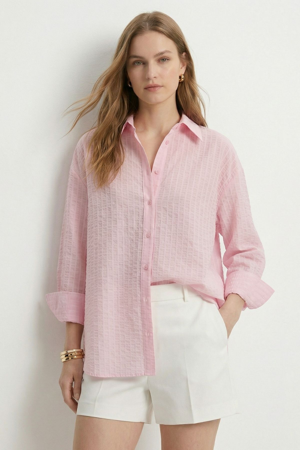 Pembe Çizgili Oversize Gömlek 5460 - 1