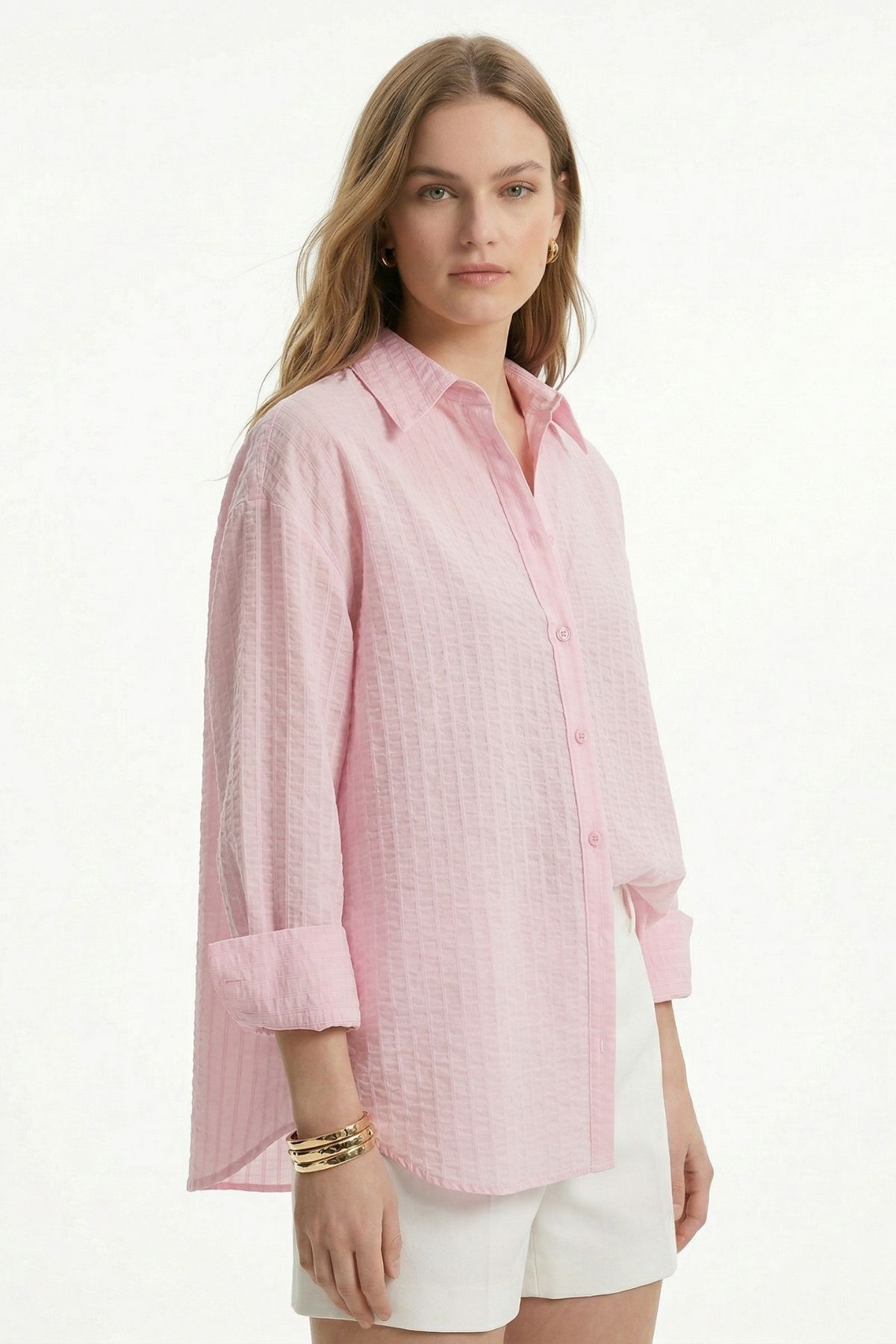 Çizgili Oversize Gömlek 5460 Pembe - RAYS