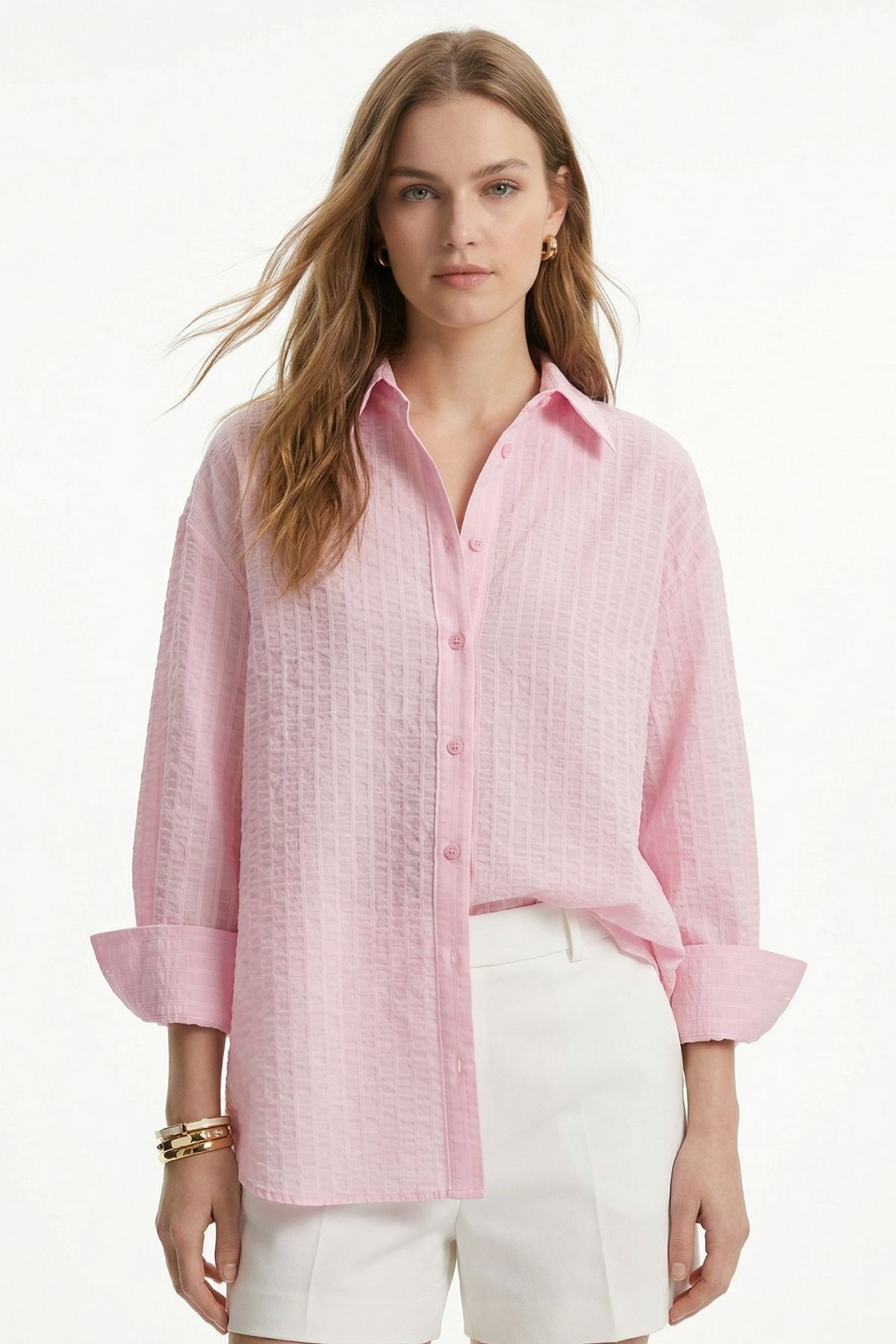 Çizgili Oversize Gömlek 5460 Pembe - RAYS