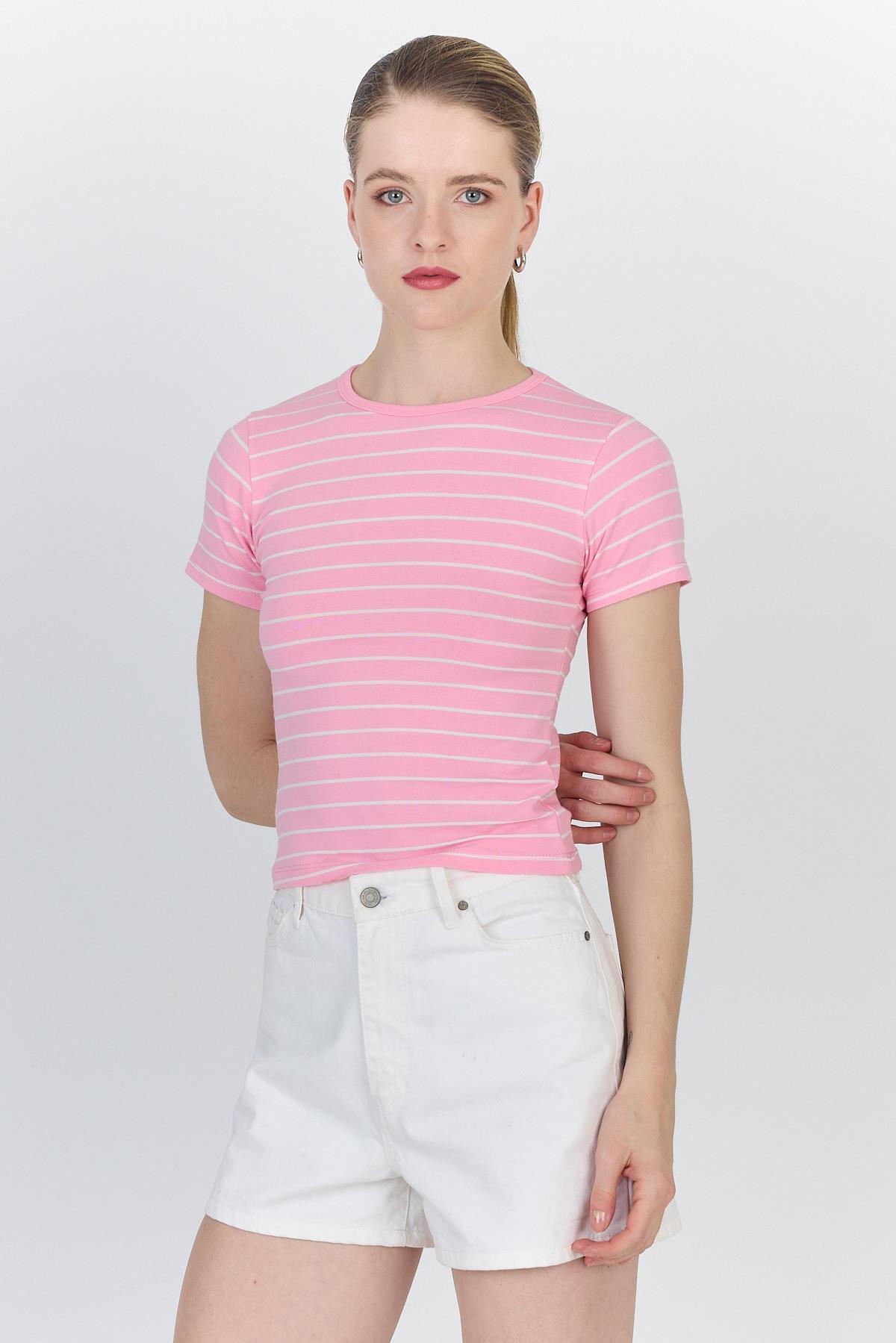 Pembe Çizgili Pamuklu Crop Tişört 4014 - 3
