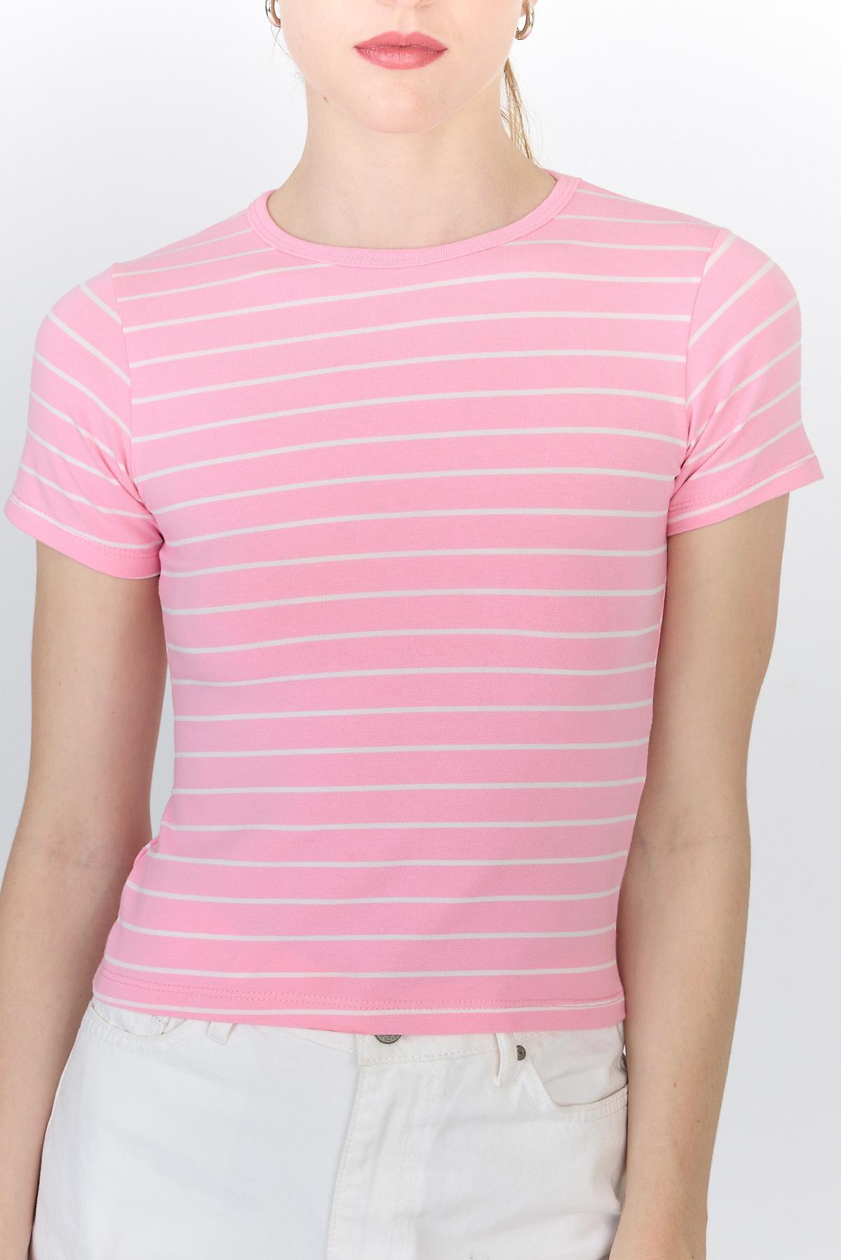 Pembe Çizgili Pamuklu Crop Tişört 4014 - 4