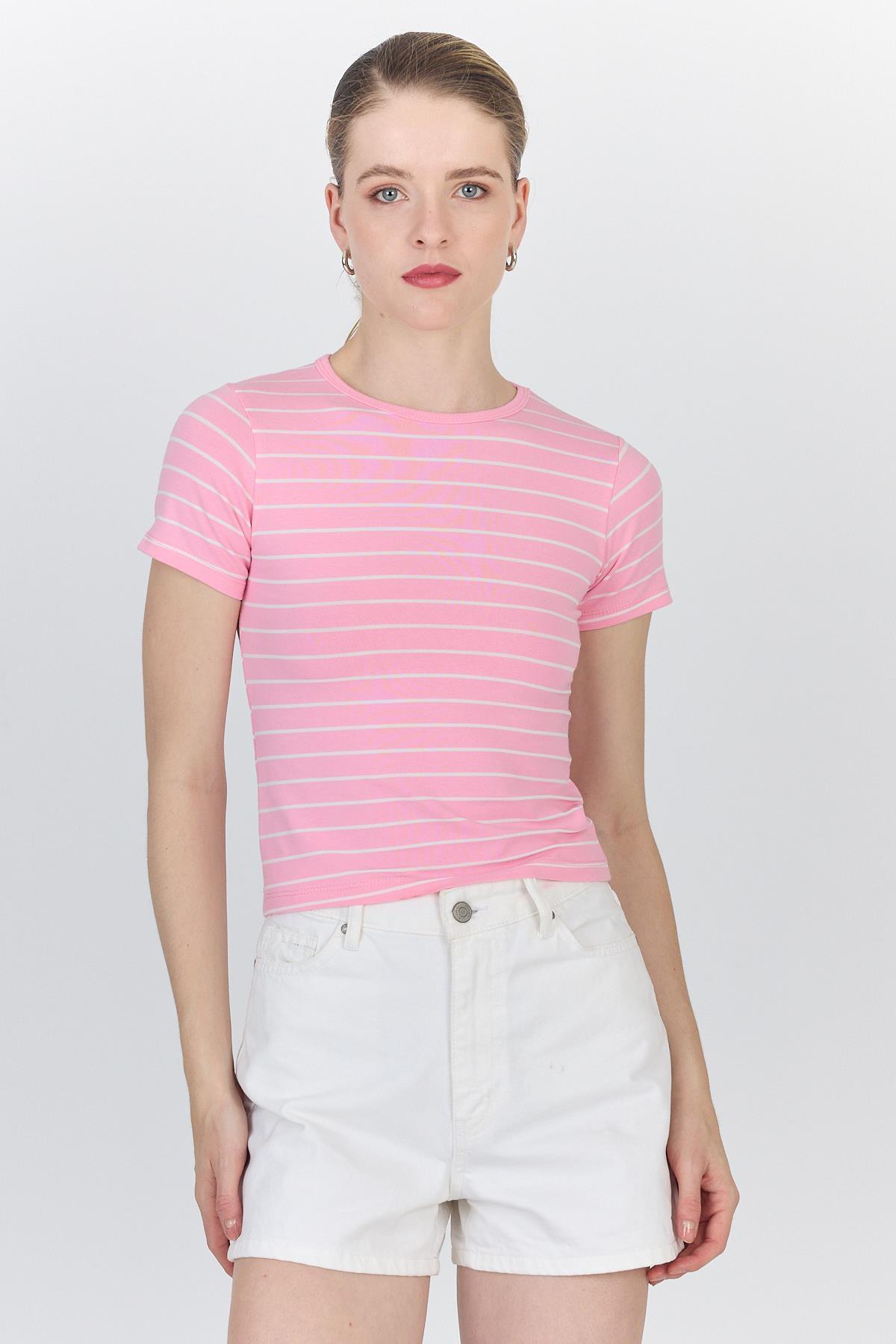 Pembe Çizgili Pamuklu Crop Tişört 4014 - 2