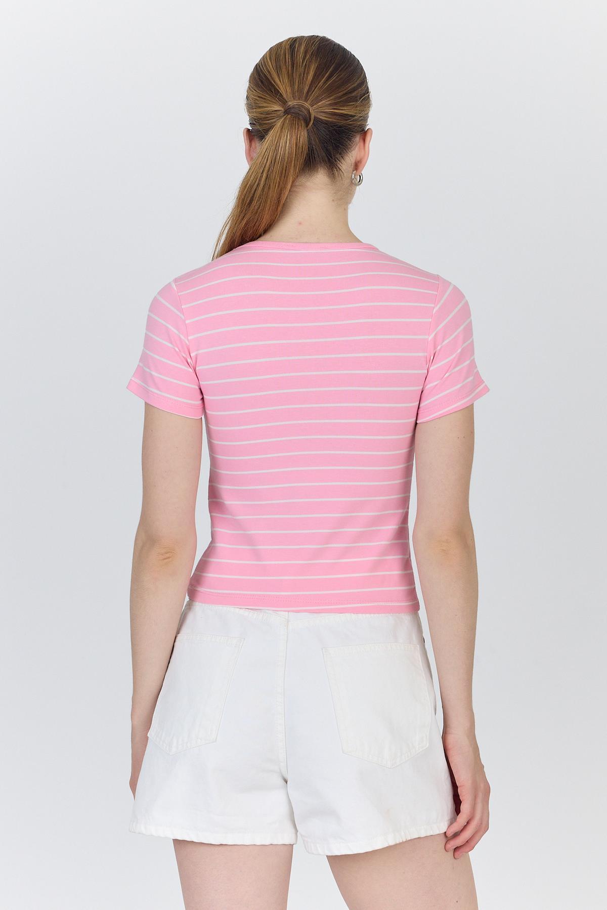 Pembe Çizgili Pamuklu Crop Tişört 4014 - 5
