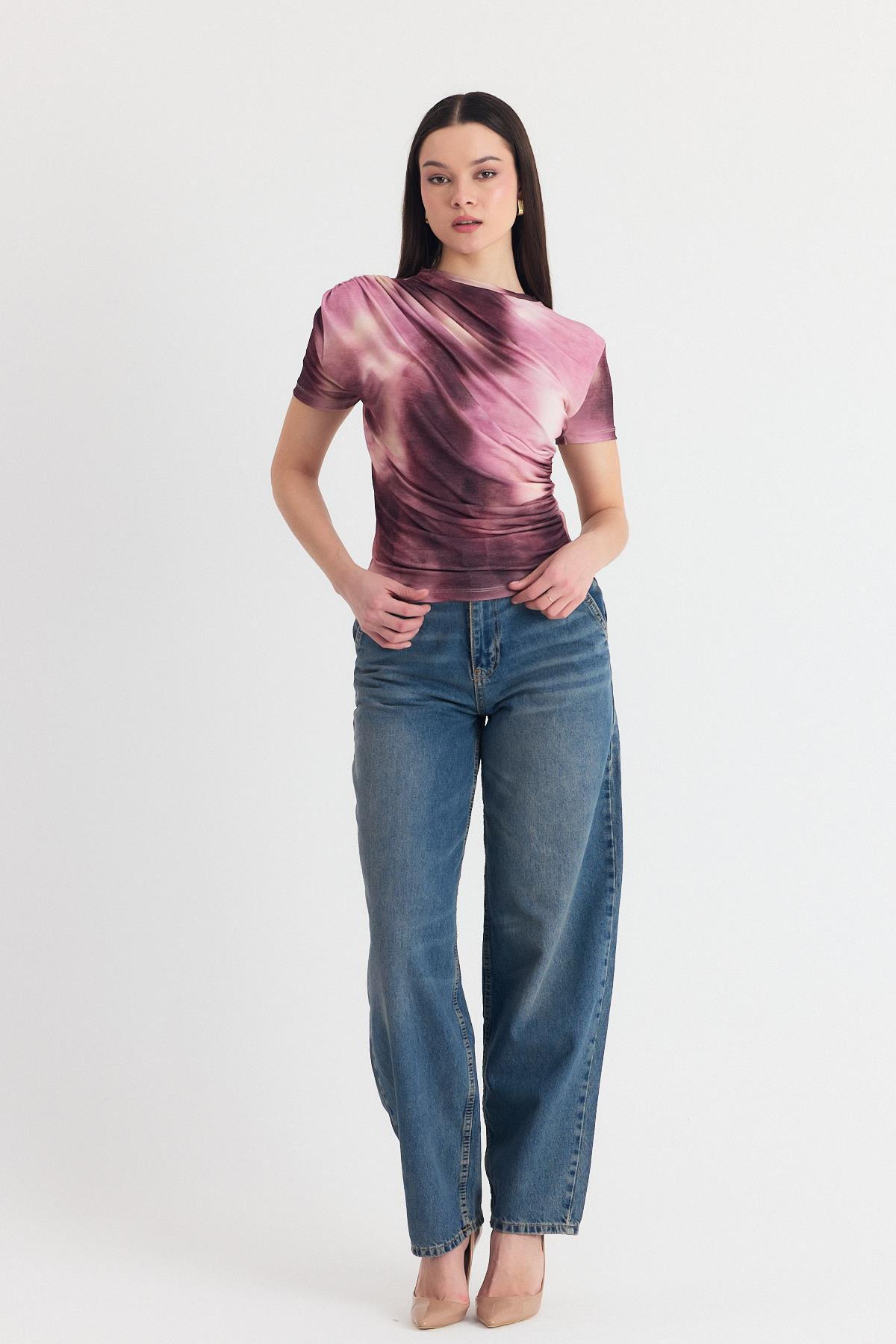 Pembe Desenli Büzgülü Sandy Bluz 12303 - RAYS