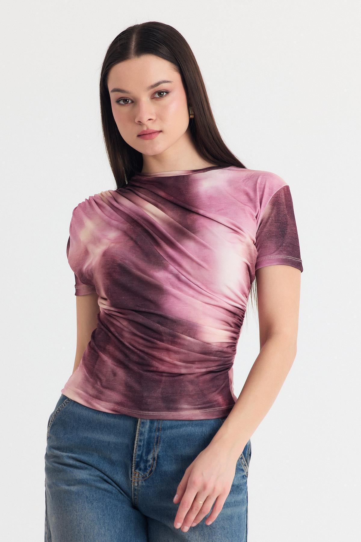 Pembe Desenli Büzgülü Sandy Bluz 12303 - 3