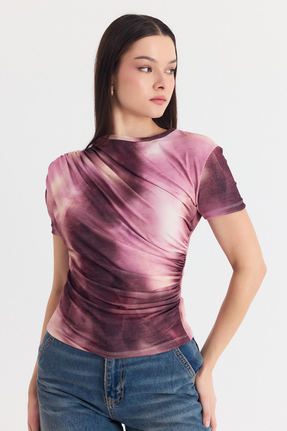 Pembe Desenli Büzgülü Sandy Bluz 12303 - 6