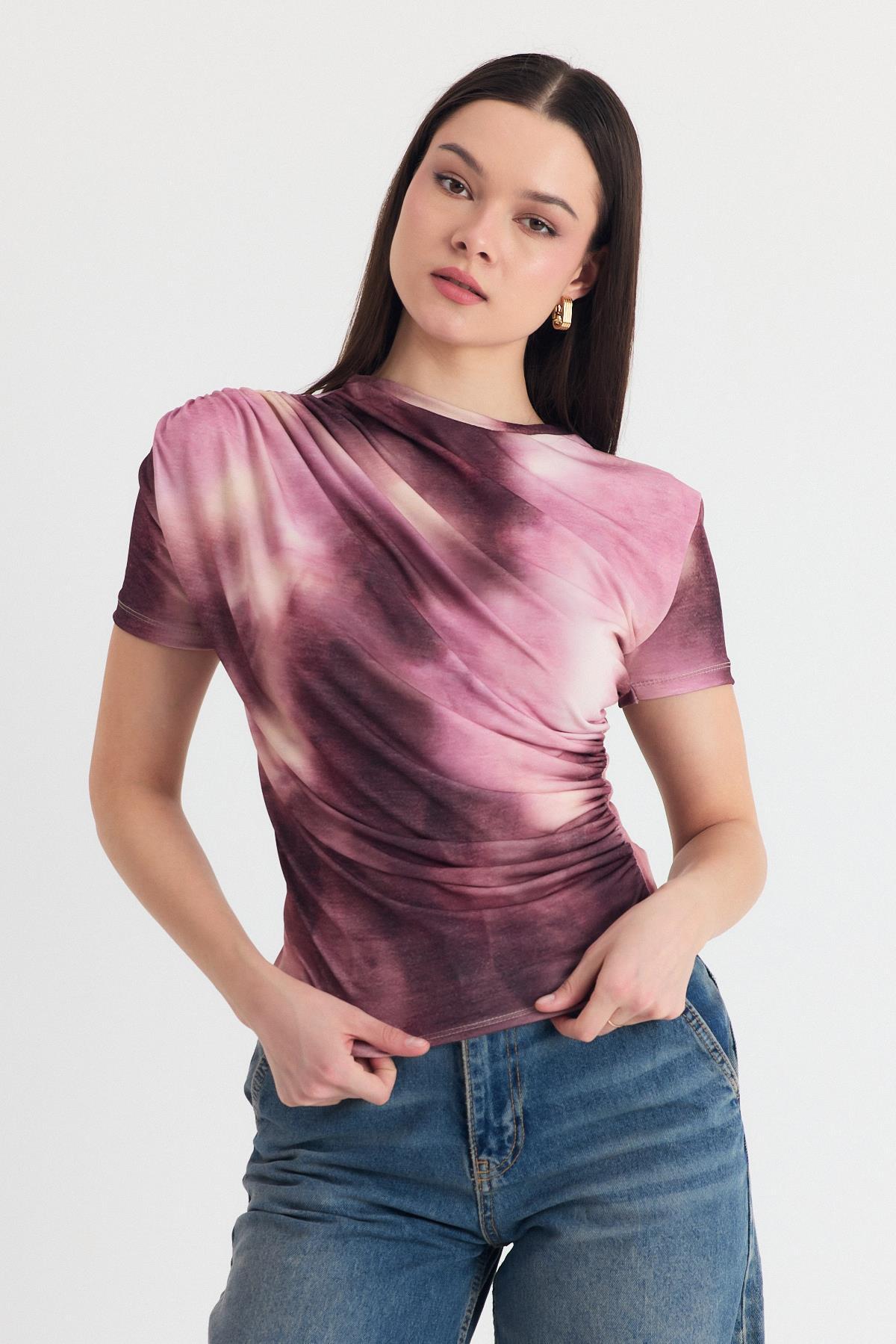 Pembe Desenli Büzgülü Sandy Bluz 12303 - 1