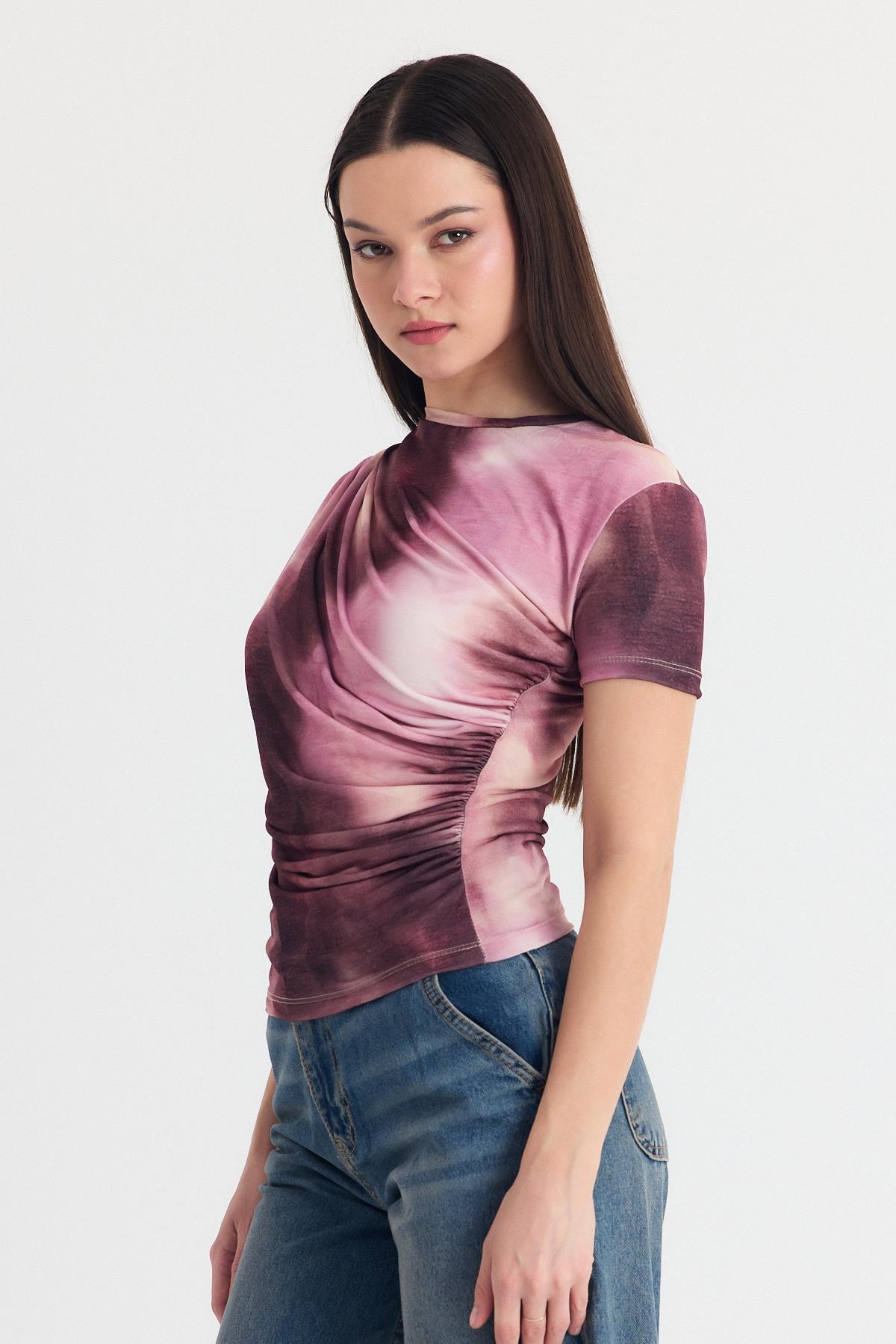 Pembe Desenli Büzgülü Sandy Bluz 12303 - 7