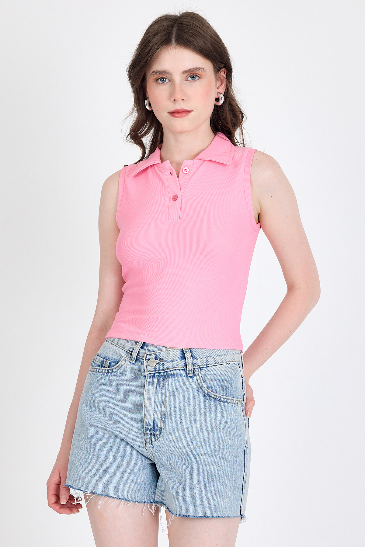 Pembe Düğmeli Polo Yaka Sıfır Kol Örme Bluz 2219 - 1