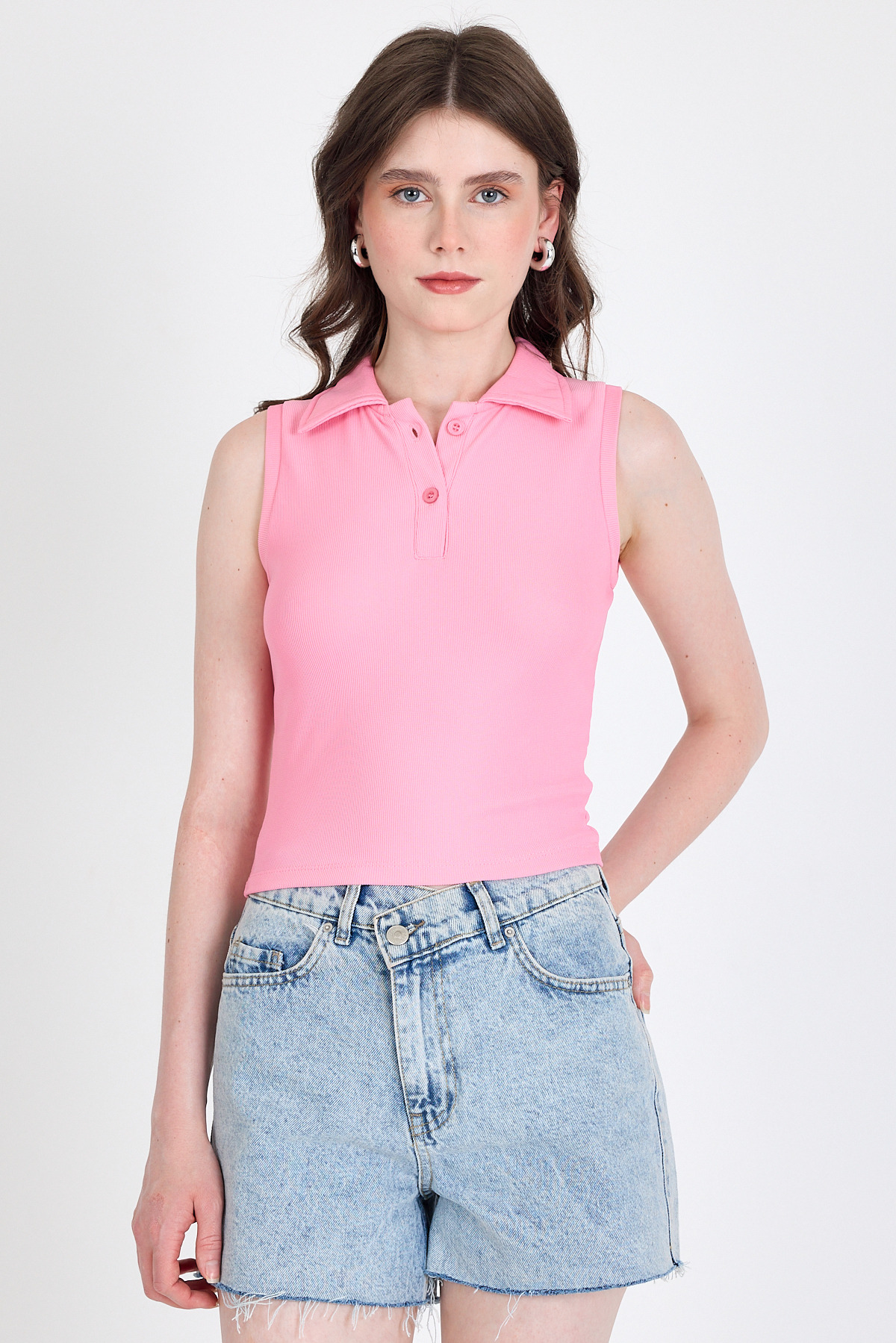 Pembe Düğmeli Polo Yaka Sıfır Kol Örme Bluz 2219 - 2