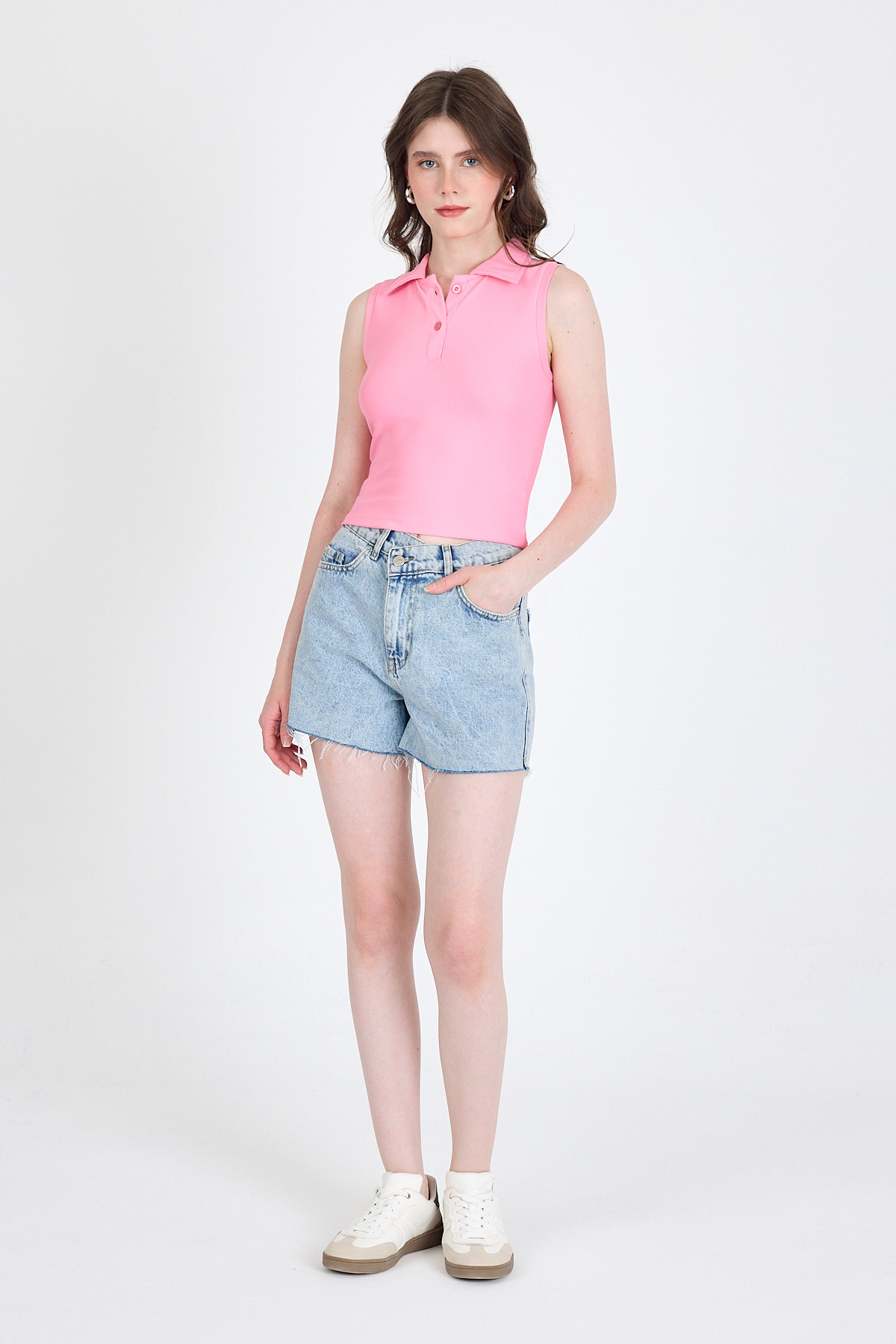 Pembe Düğmeli Polo Yaka Sıfır Kol Örme Bluz 2219 - 3
