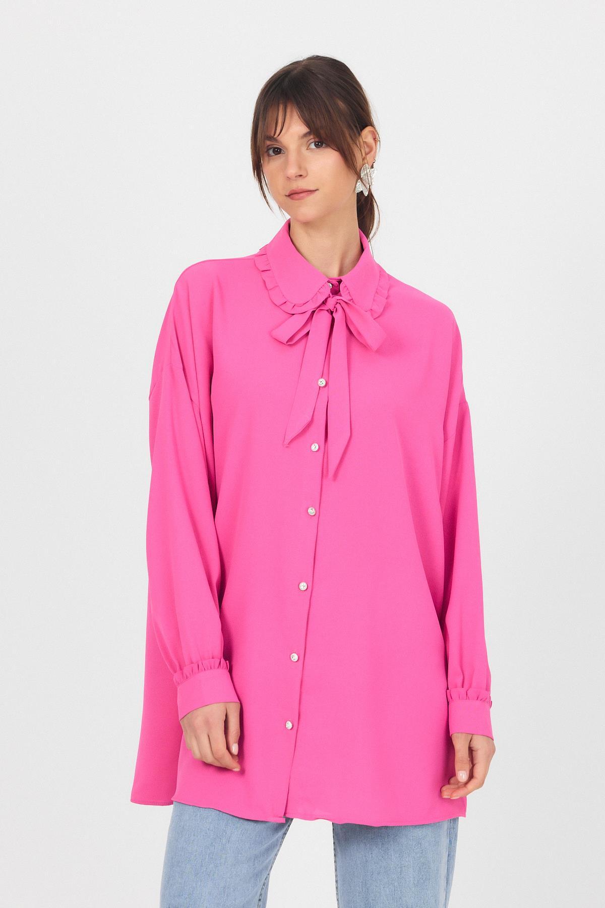 Pembe Fırfır Yaka Detaylı Bağlamalı Tunik 4586A - 1