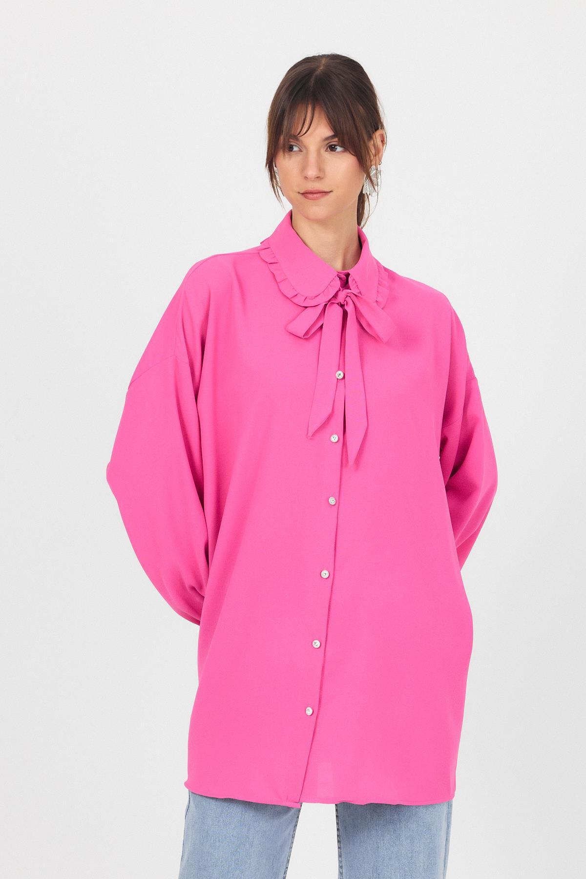 Pembe Fırfır Yaka Detaylı Bağlamalı Tunik 4586A - 8