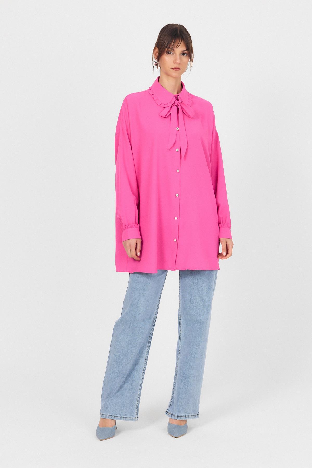 Pembe Fırfır Yaka Detaylı Bağlamalı Tunik 4586A - 2