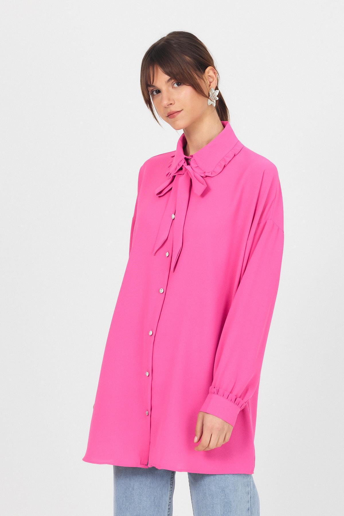 Pembe Fırfır Yaka Detaylı Bağlamalı Tunik 4586A - 3