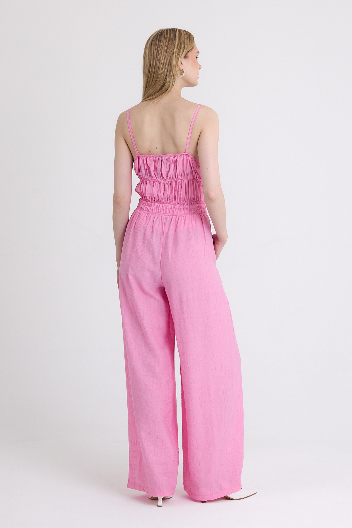 Pembe Fırfırlı Askılı Bluz ve Geniş Paça Pantolon Takımı 5216 - 5