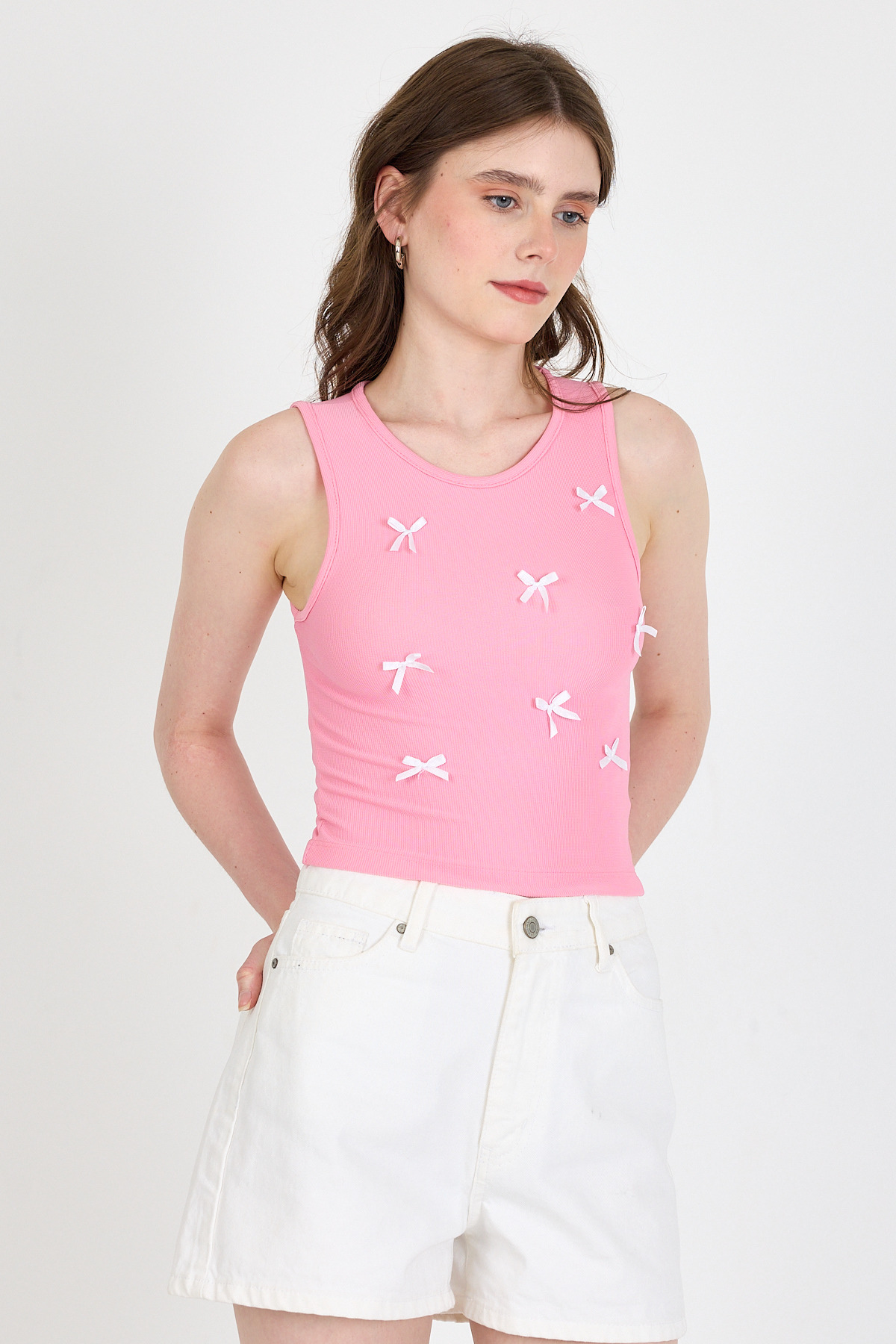 Pembe Fiyonk İşlemeli Crop Örme Atlet 0849 - 2