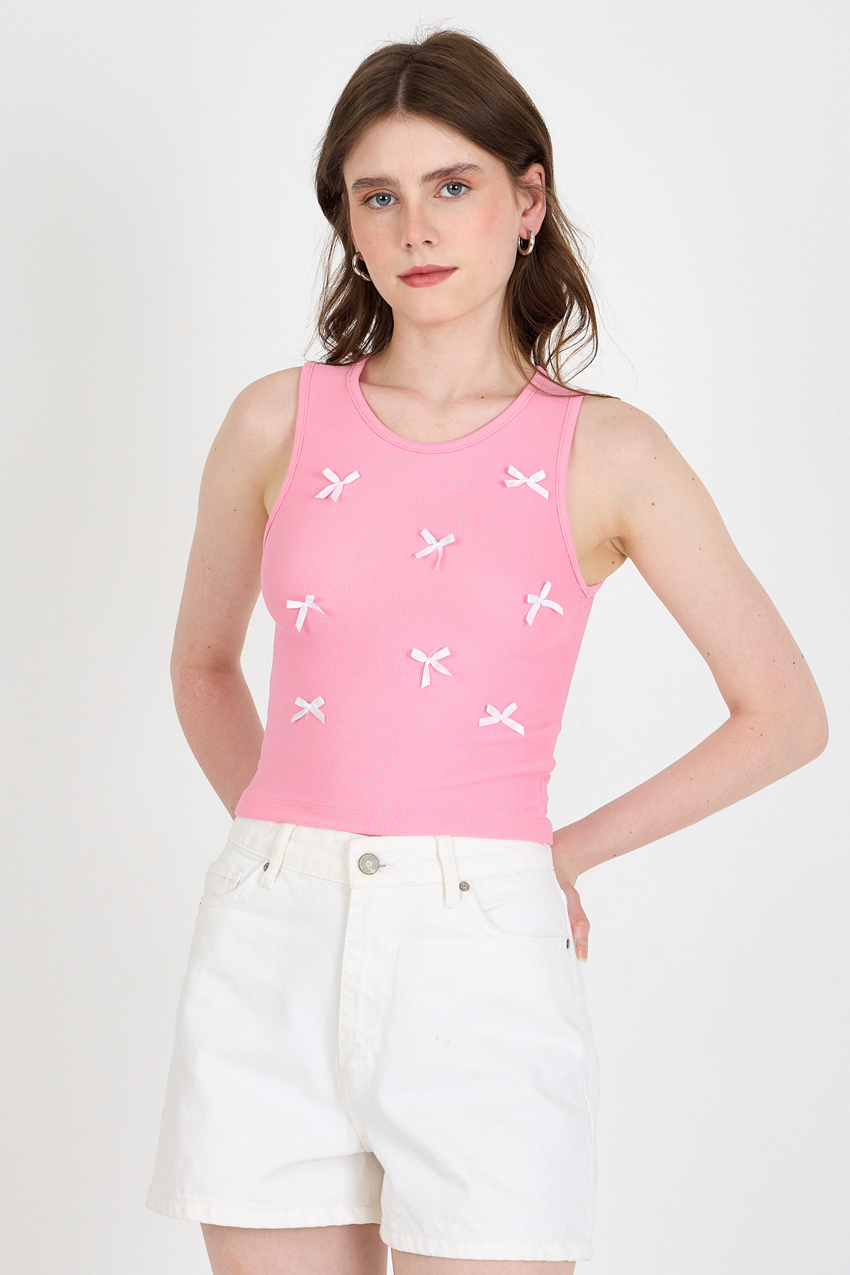 Pembe Fiyonk İşlemeli Crop Örme Atlet 0849 