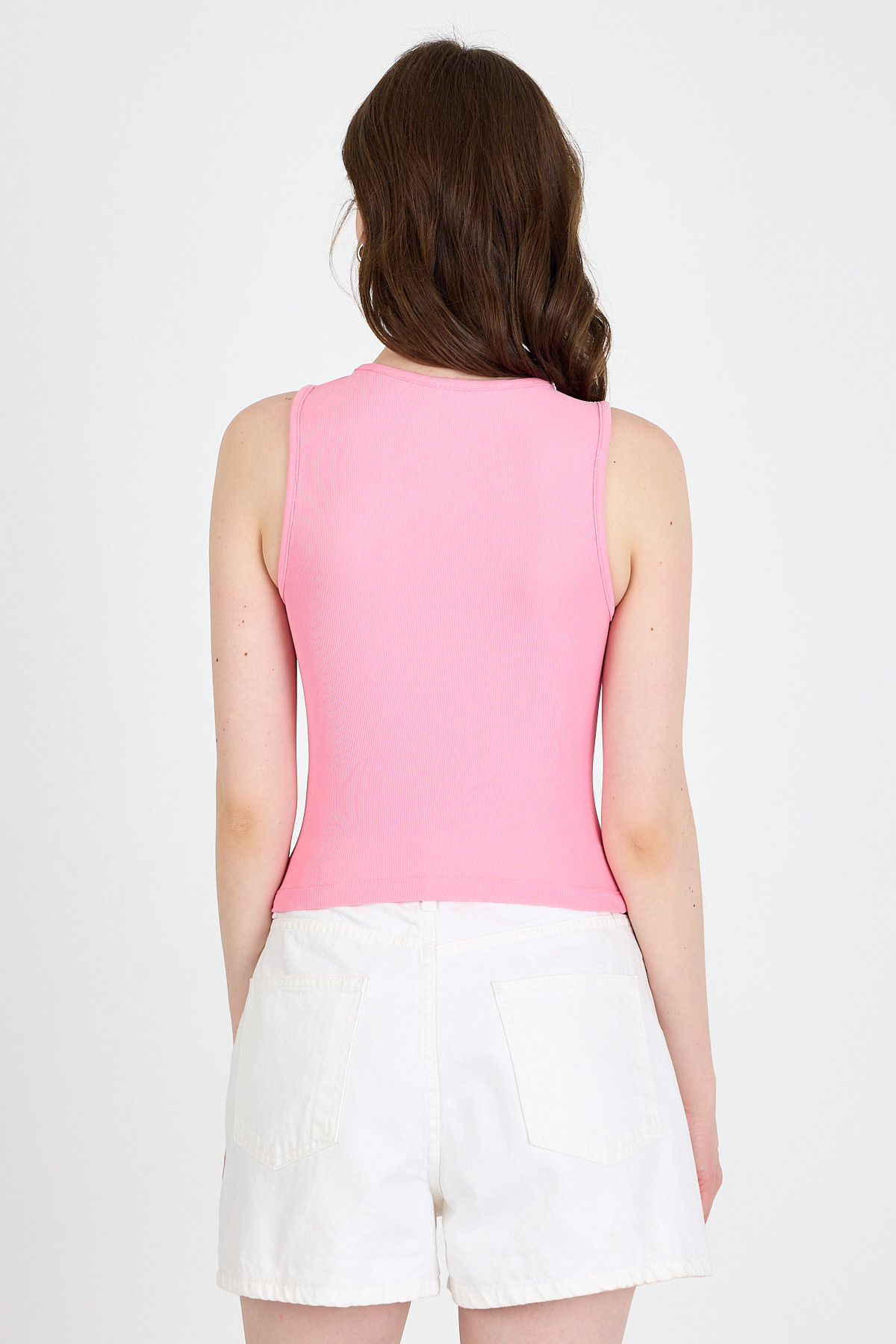 Pembe Fiyonk İşlemeli Crop Örme Atlet 0849 - RAYS