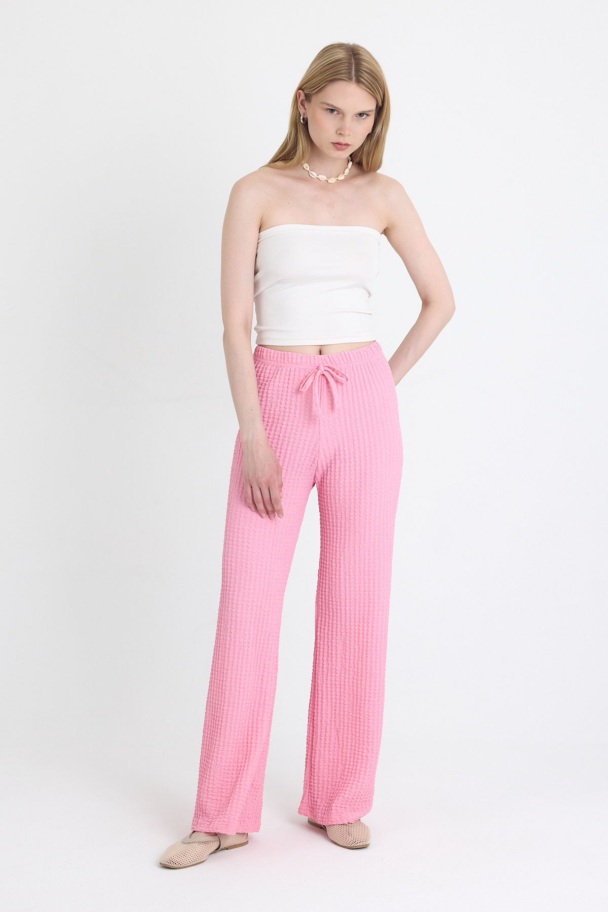 Pembe Geniş Paça Dökümlü Bürümcük Kumaş Pantolon 326 - 3