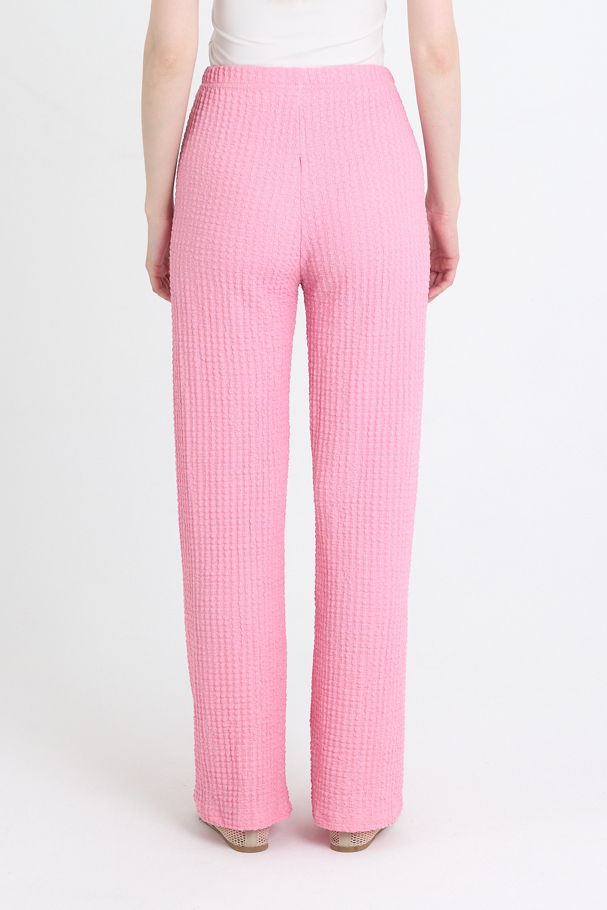 Pembe Geniş Paça Dökümlü Bürümcük Kumaş Pantolon 326 - 5