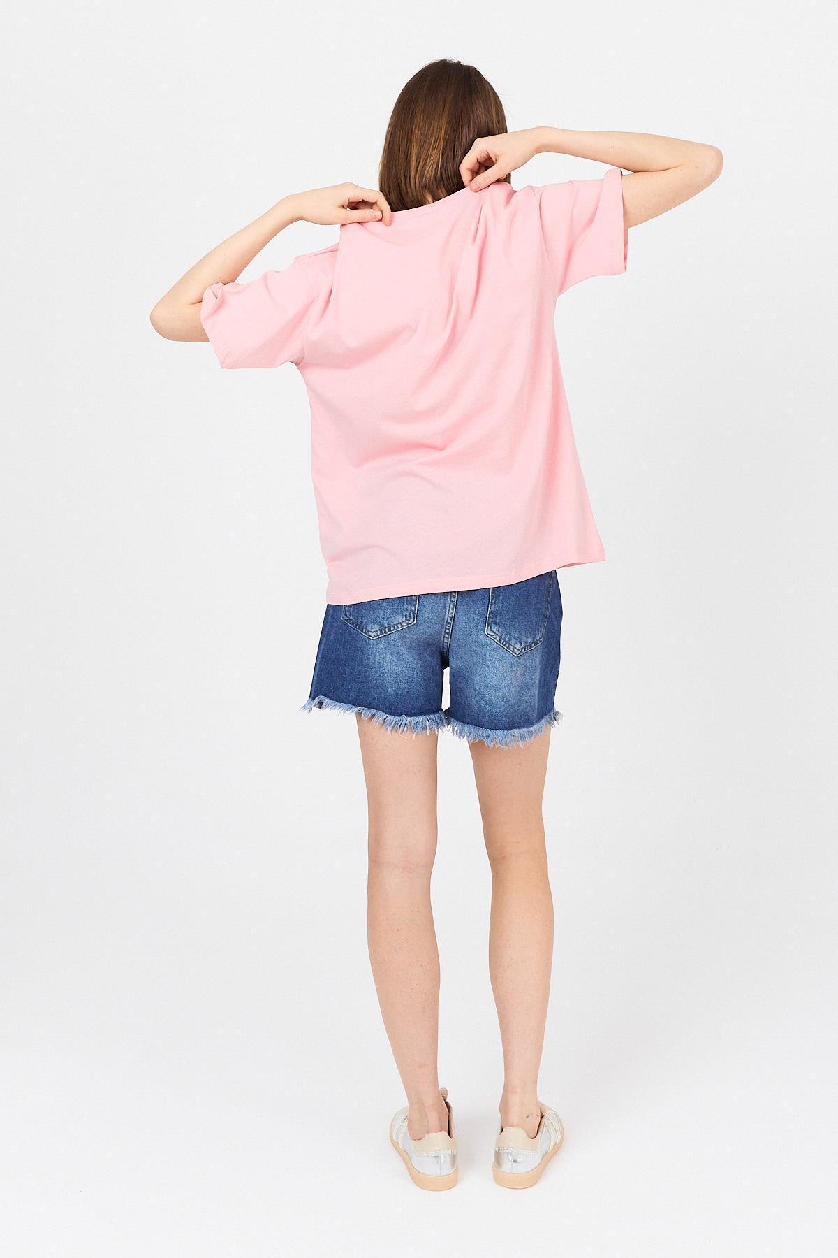 Pembe Göğüs Yazı Baskılı Pamuklu Oversize Tişört 2150-31M - 5