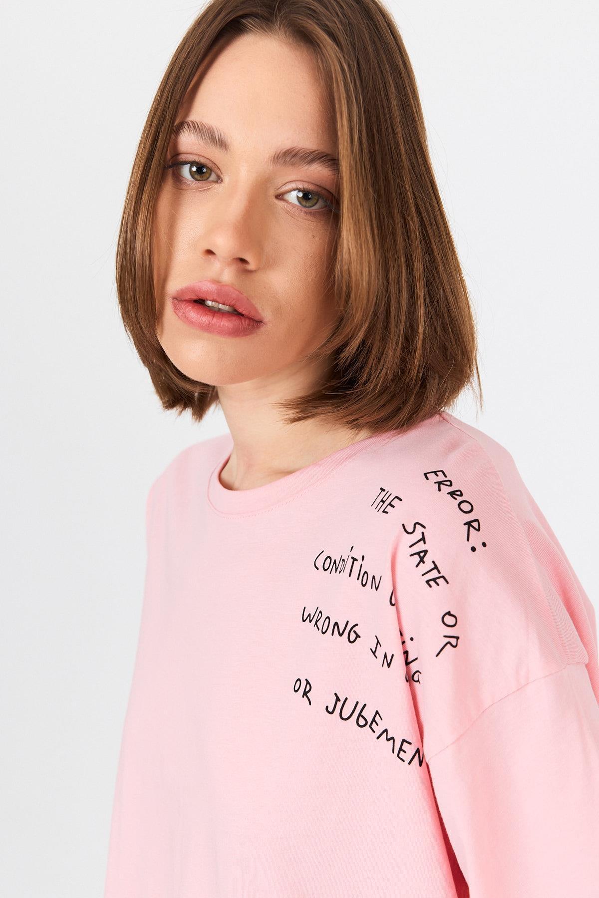 Pembe Göğüs Yazı Baskılı Pamuklu Oversize Tişört 2150-31M - 6