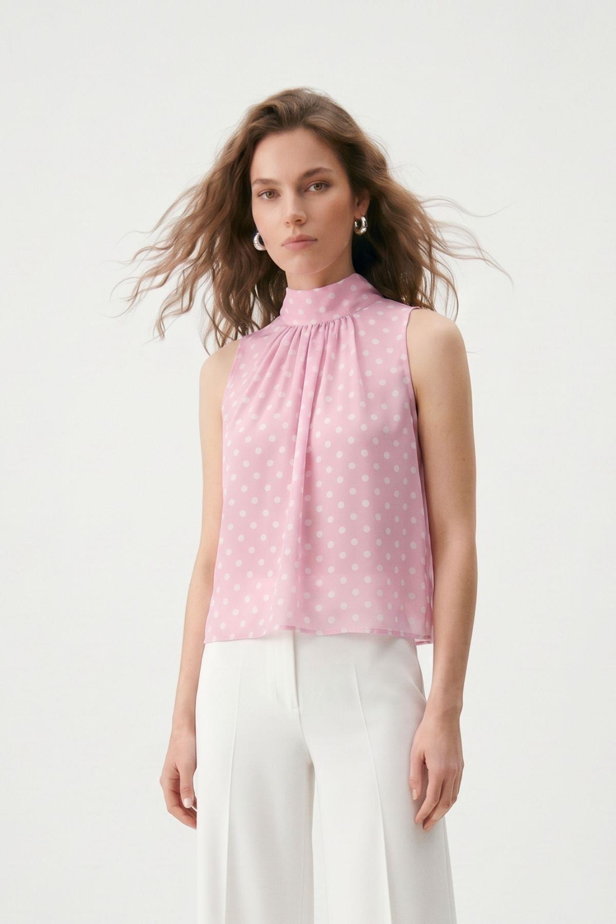 Pembe Halter Yaka Puantiyeli Şifon Bluz 2932 - RAYS