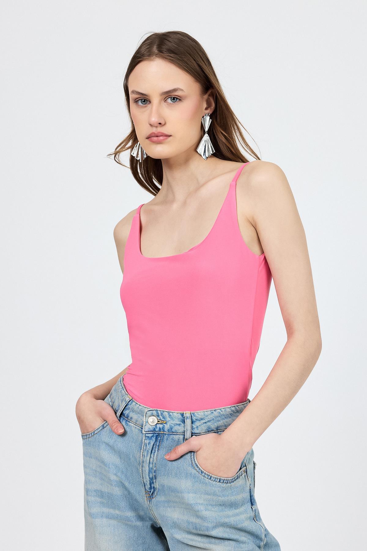 Pembe İnce Askılı Çıtçıtlı Bodysuit 13255 - 1