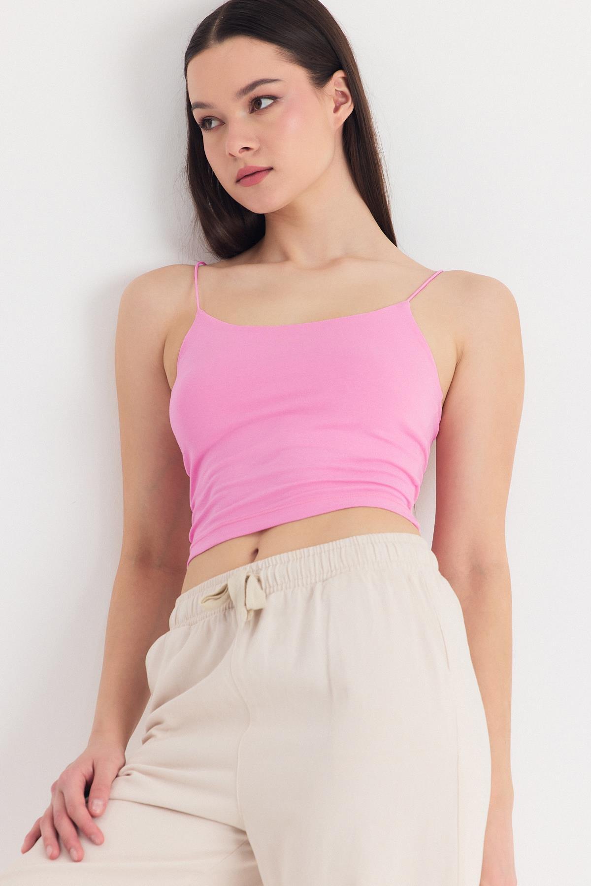 Pembe İnce Askılı Fitted Basic Atlet 947 
