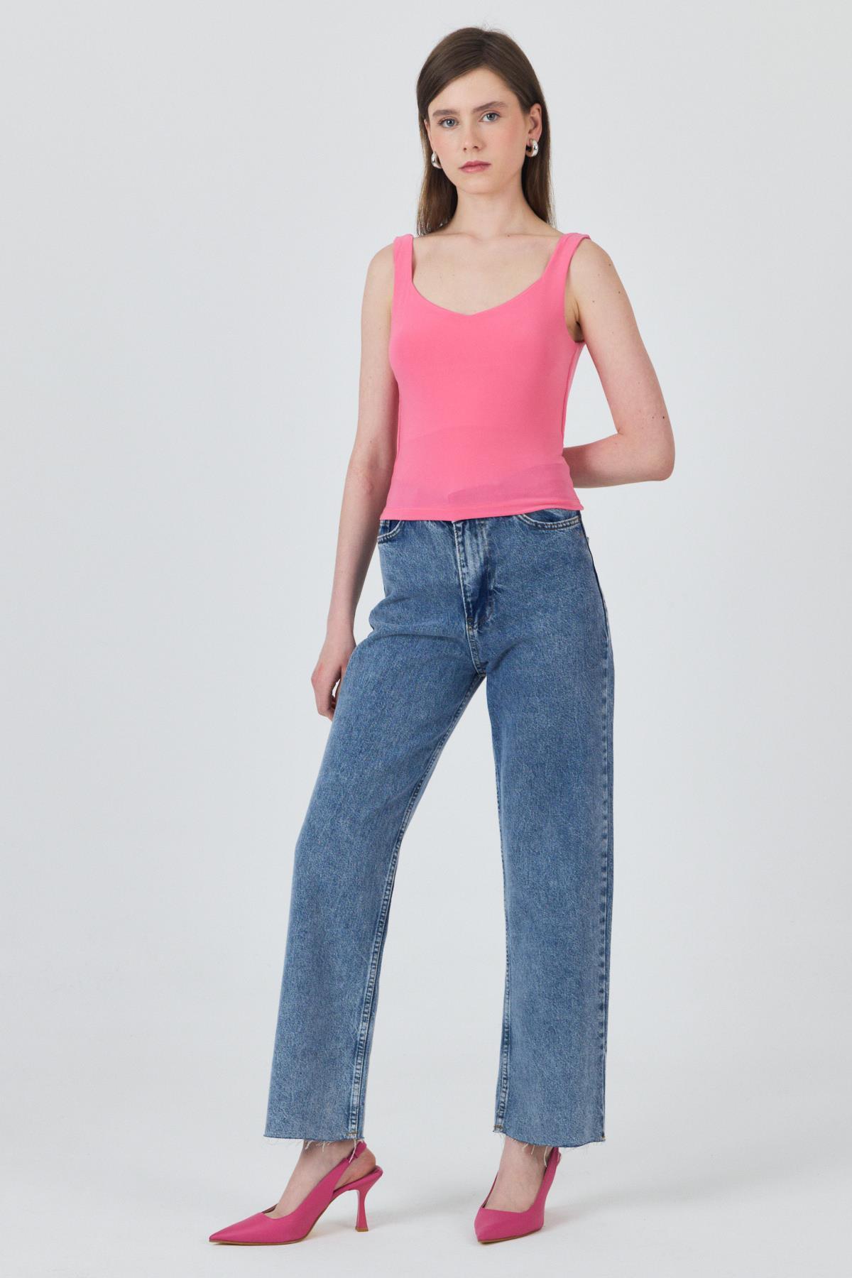 Pembe Kalın Askılı V Yaka Bluz 13293 - 6