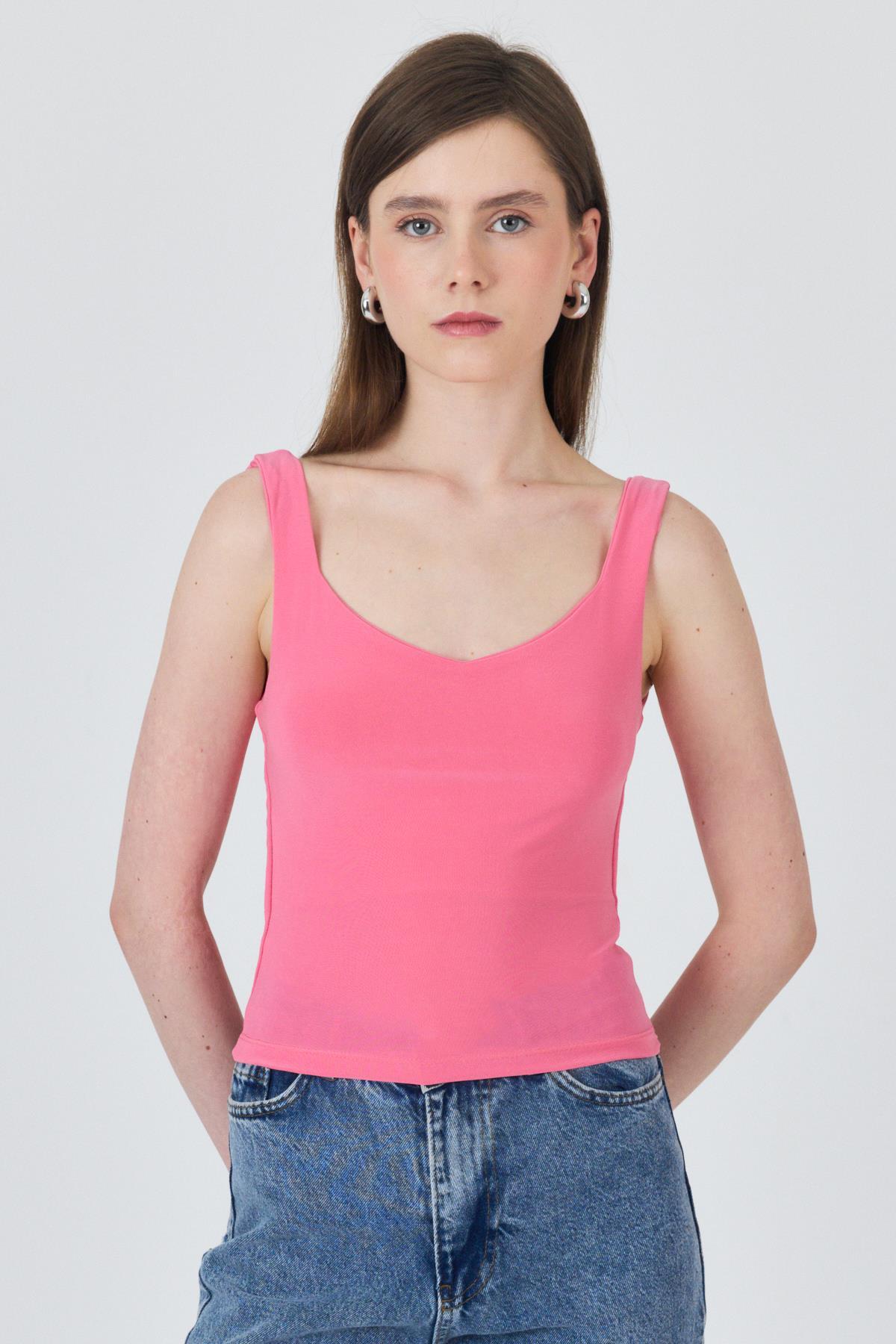 Pembe Kalın Askılı V Yaka Bluz 13293 - 2