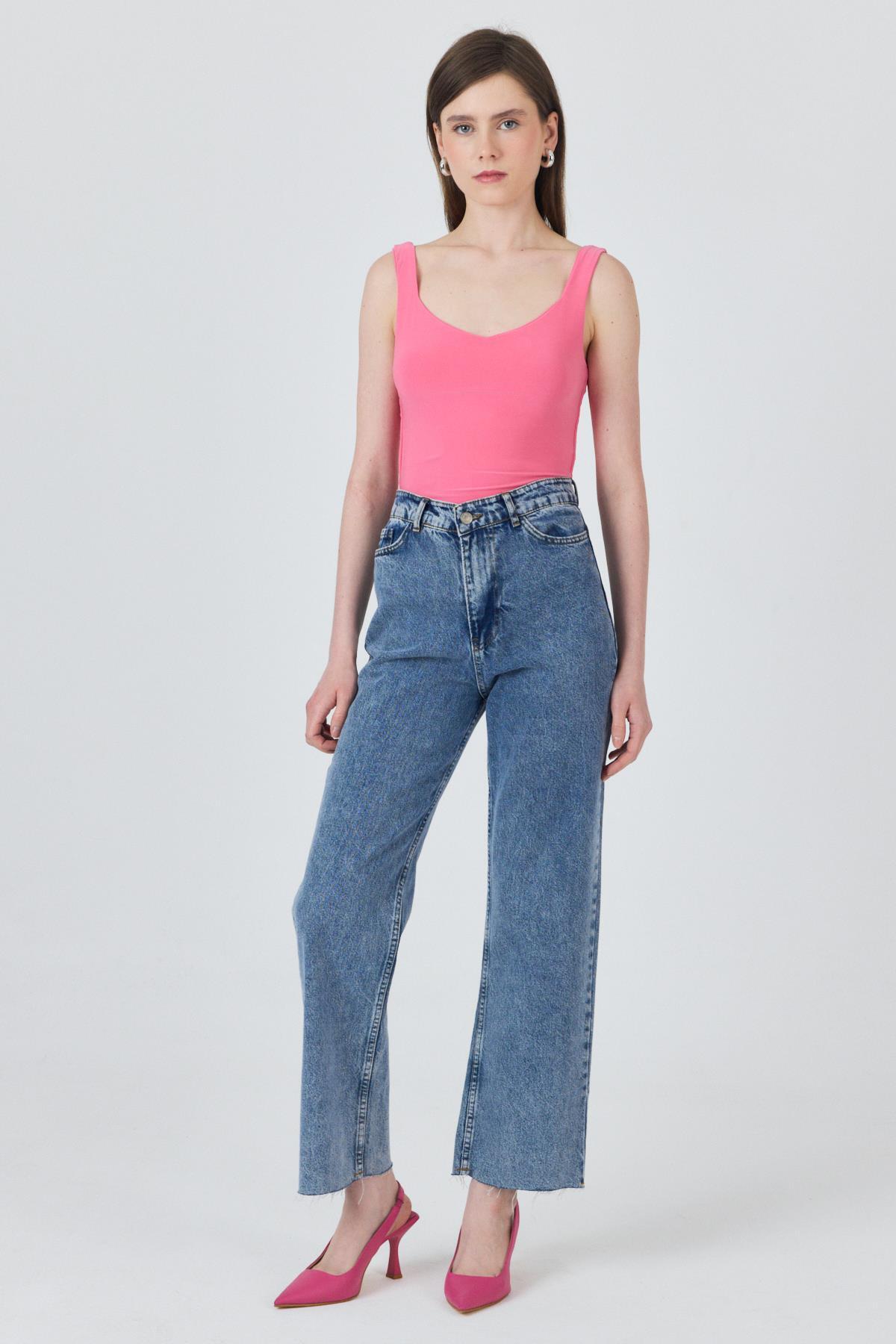 Pembe Kalın Askılı V Yaka Bluz 13293 - 3