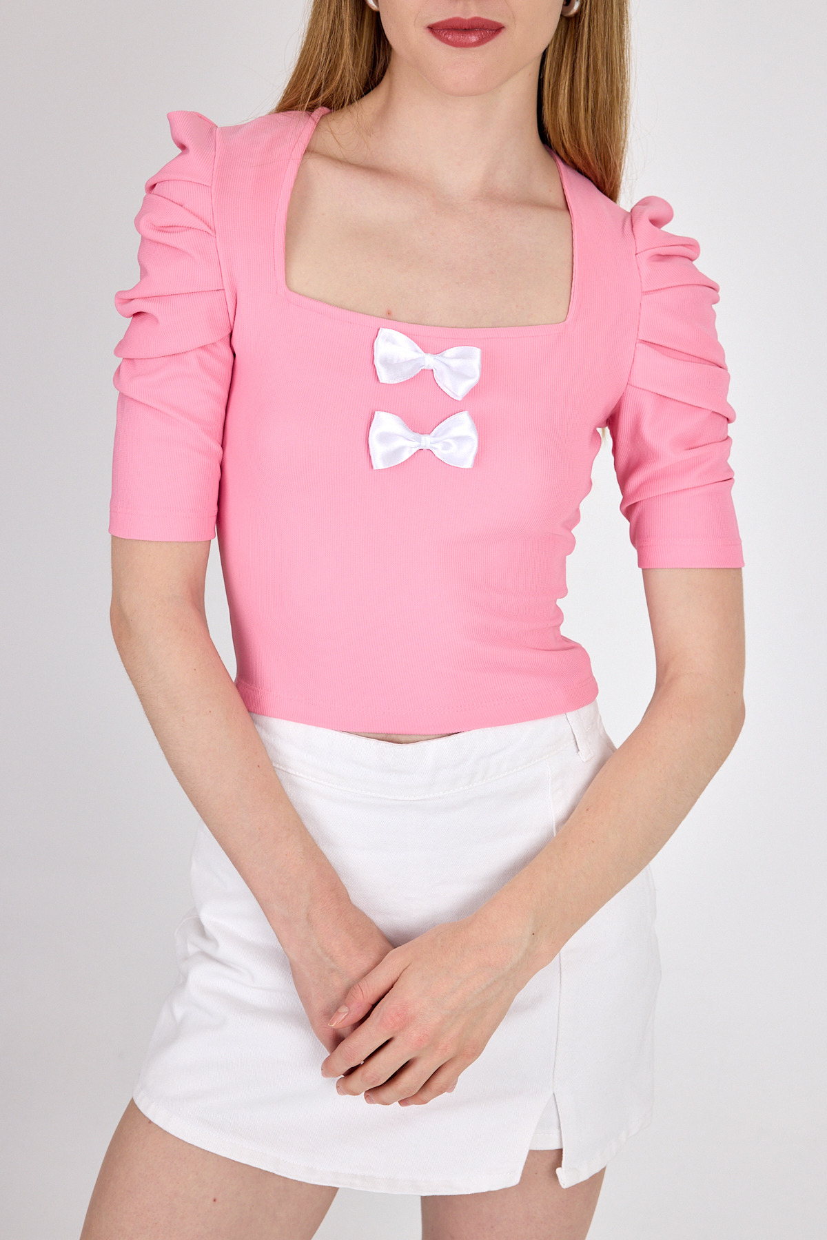 Pembe Kare Yaka Fiyonk Detaylı Crop Bluz 1349 - 6