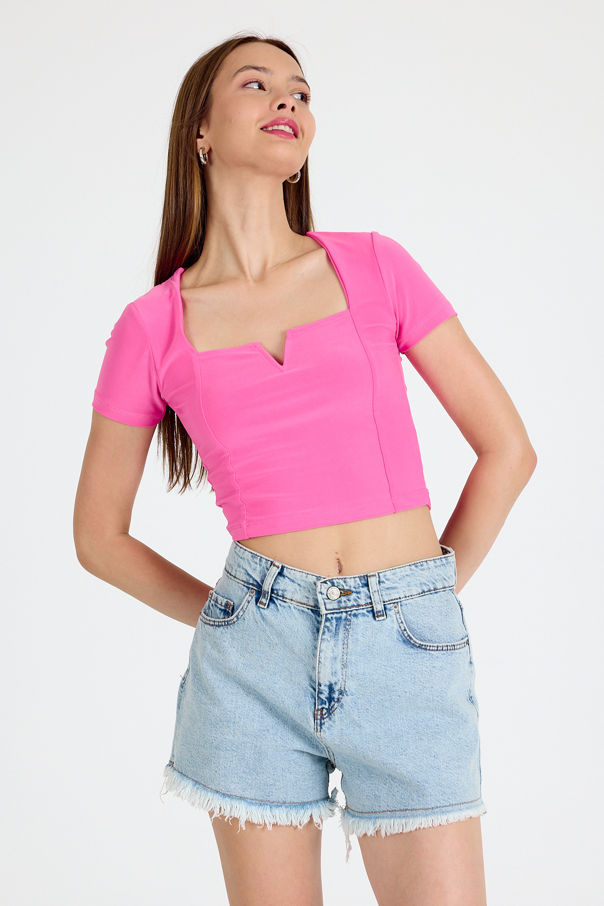 Pembe Kare Yaka V Kesim Detaylı Crop Bluz 10432 - 6
